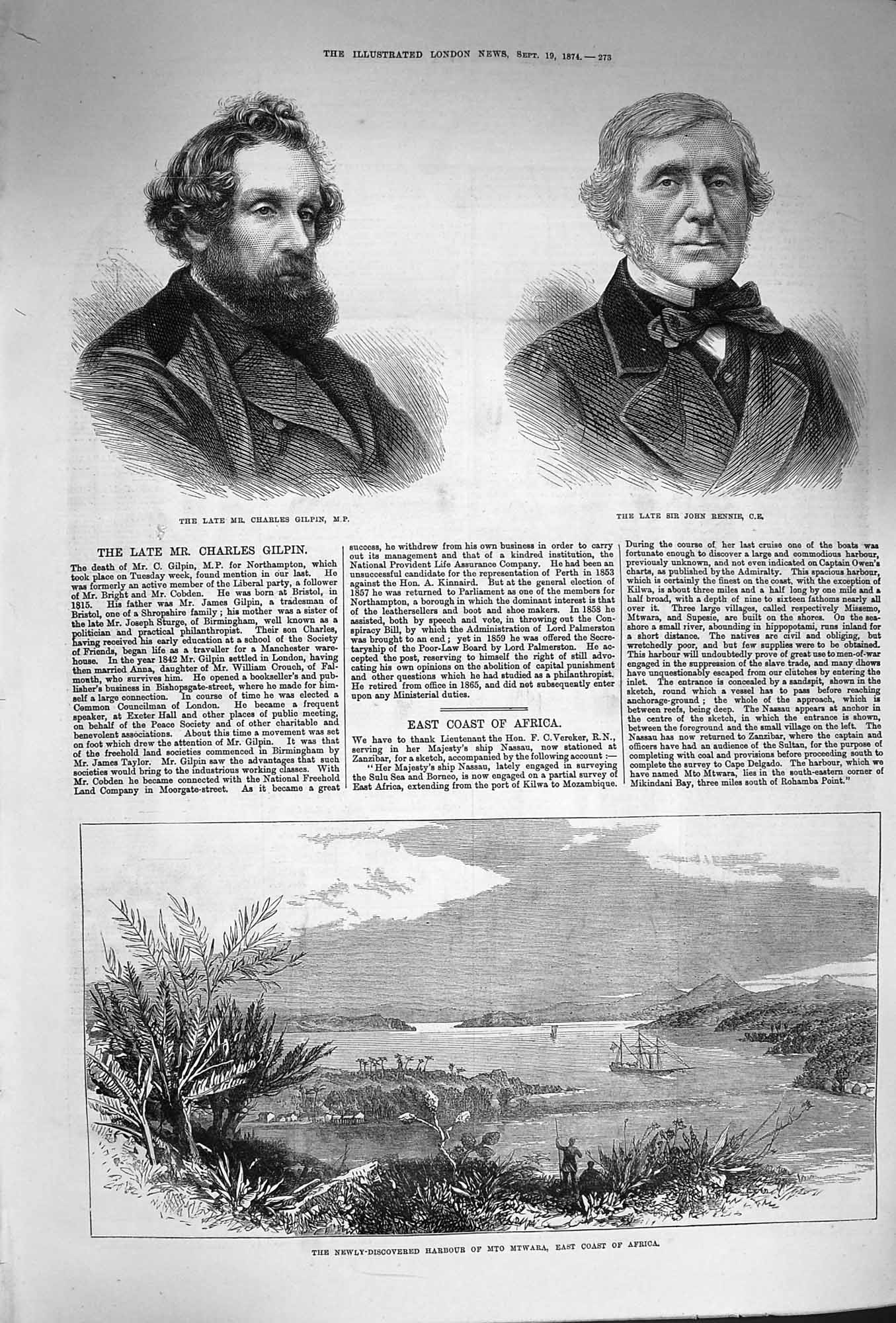 Original Old Antique Print 1874 Harbour Mto Mtwara Africa Charles Gilpin 19th