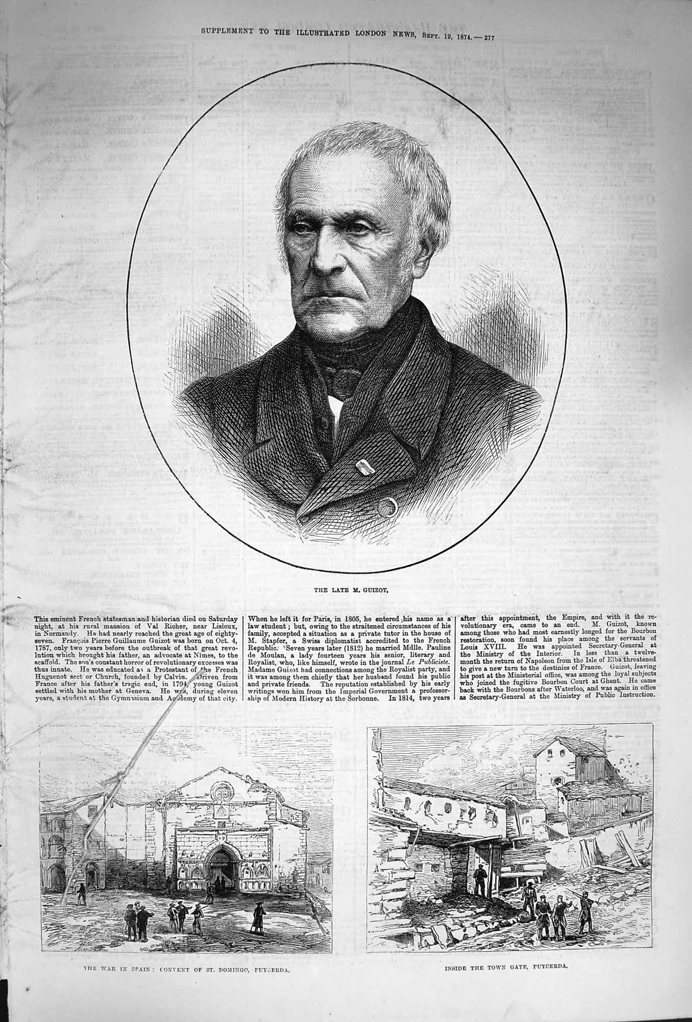 Original Old Antique Print 1874 Portrait Guizot Convent Domingo Puycerda Wa 19th