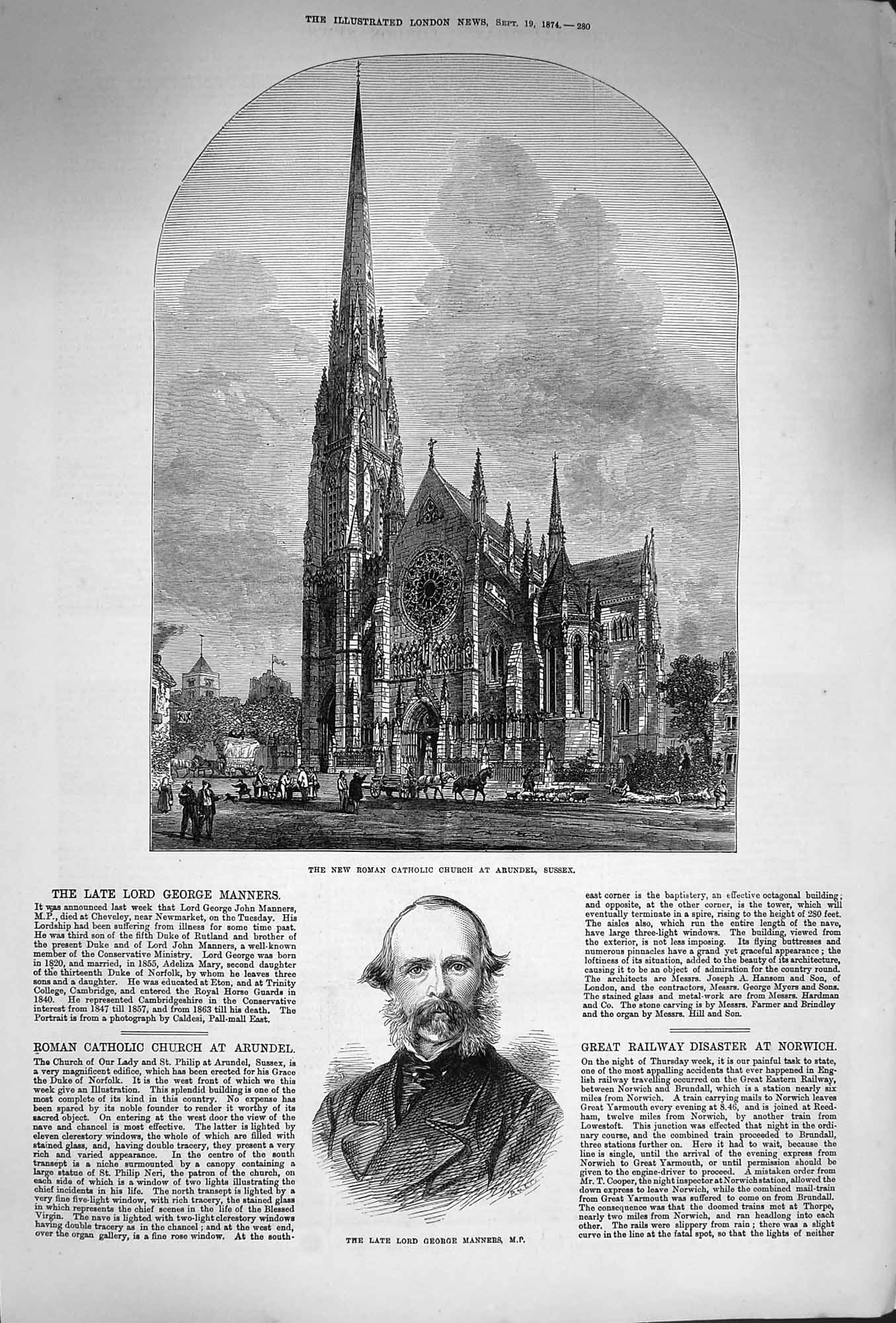Original Old Antique Print 1874 Roman Catholic Church Arundel George Manners