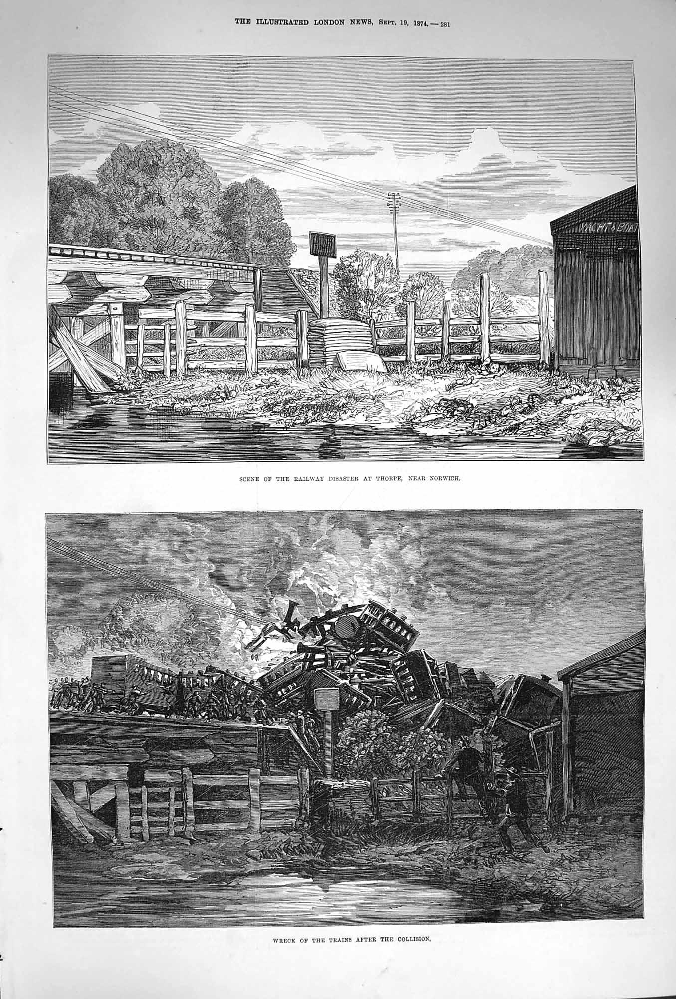 Original Old Antique Print 1874 Railway Disaster Thorpe Norwich Trai Victorian
