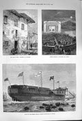 Old Antique Print 1874 War Spain Puycerda Theatre Athens Ship Deutschland 19th
