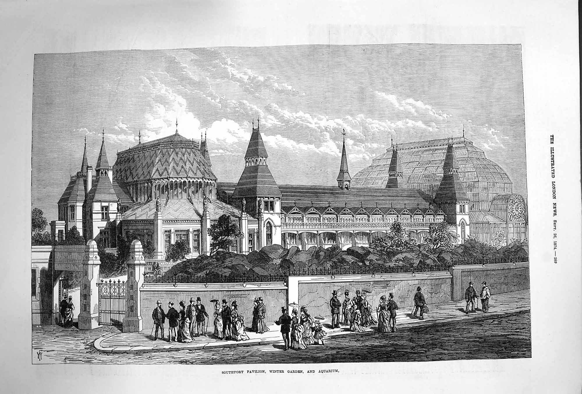 Original Old Antique Print 1874 Southport Pavilion Winter Garden Aquarium 19th
