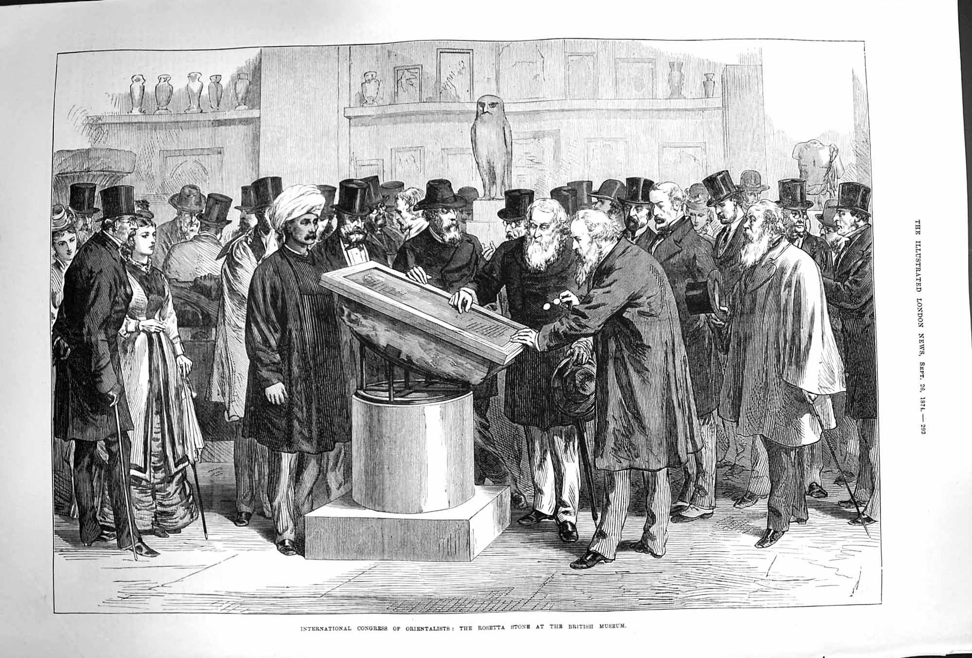 Original Old Antique Print 1874 Congress Orientalists Rosetta Stone British 19th