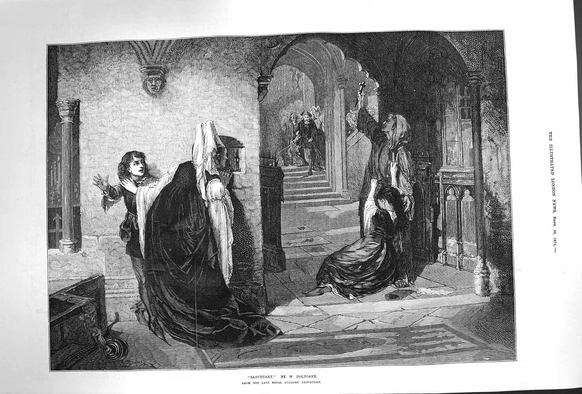 Original Old Antique Print 1874 Sanctuary Hiding Church Fine Art 19th
