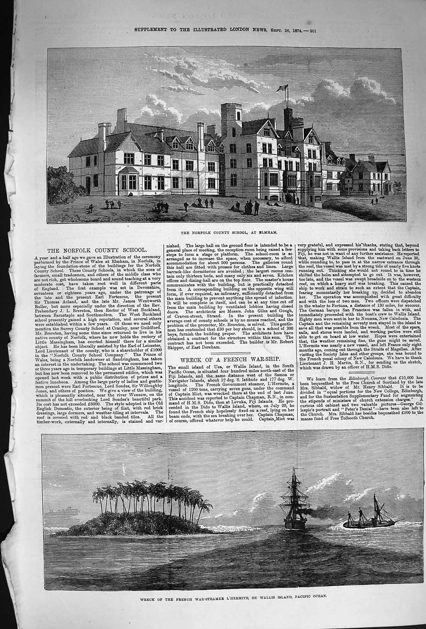 Original Old Antique Print 1874 Norfolk School Elmham Ship Wreck L'Hermite 19th