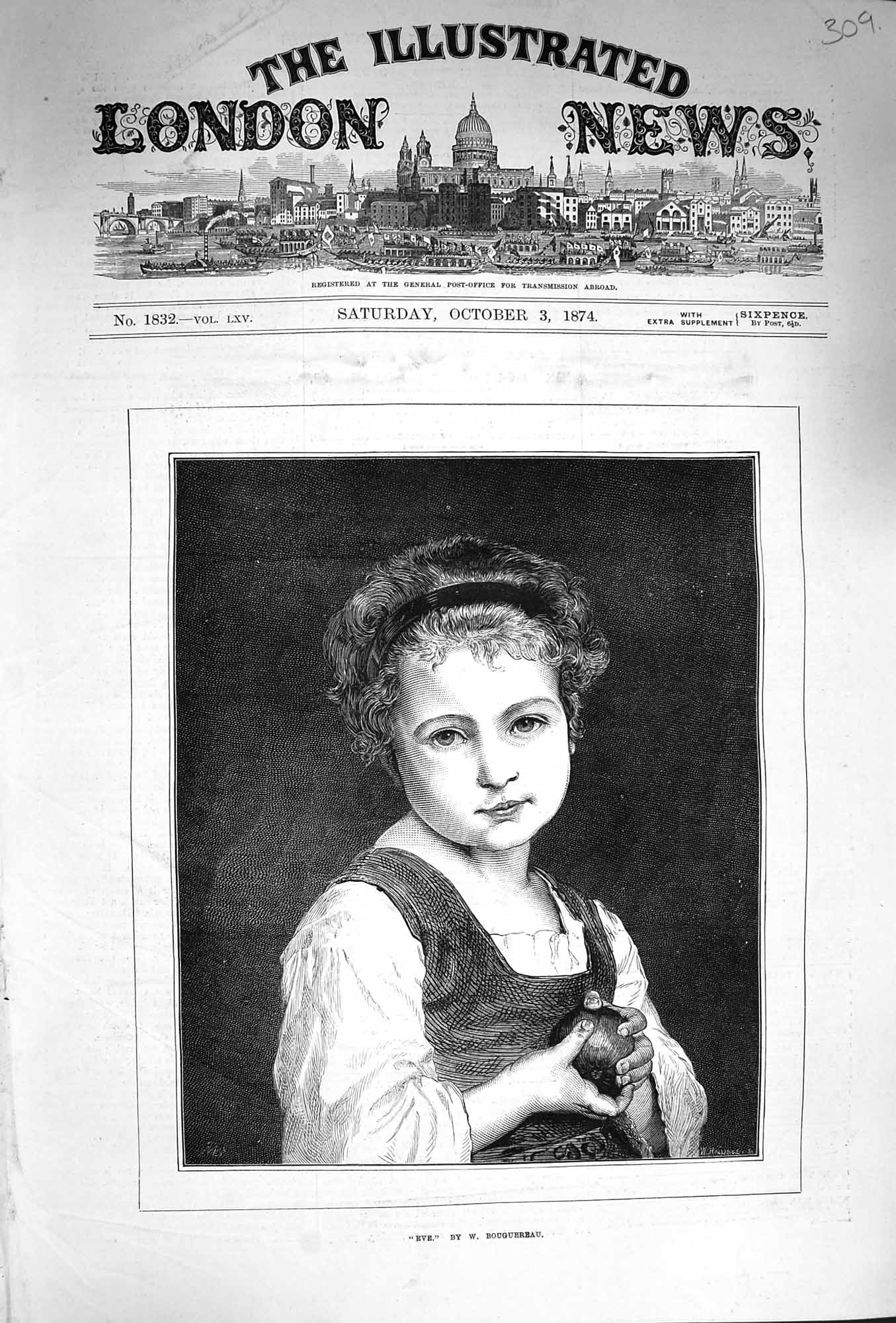 Original Old Antique Print 1874 Portrait Beautiful Little Girl Eve Victorian