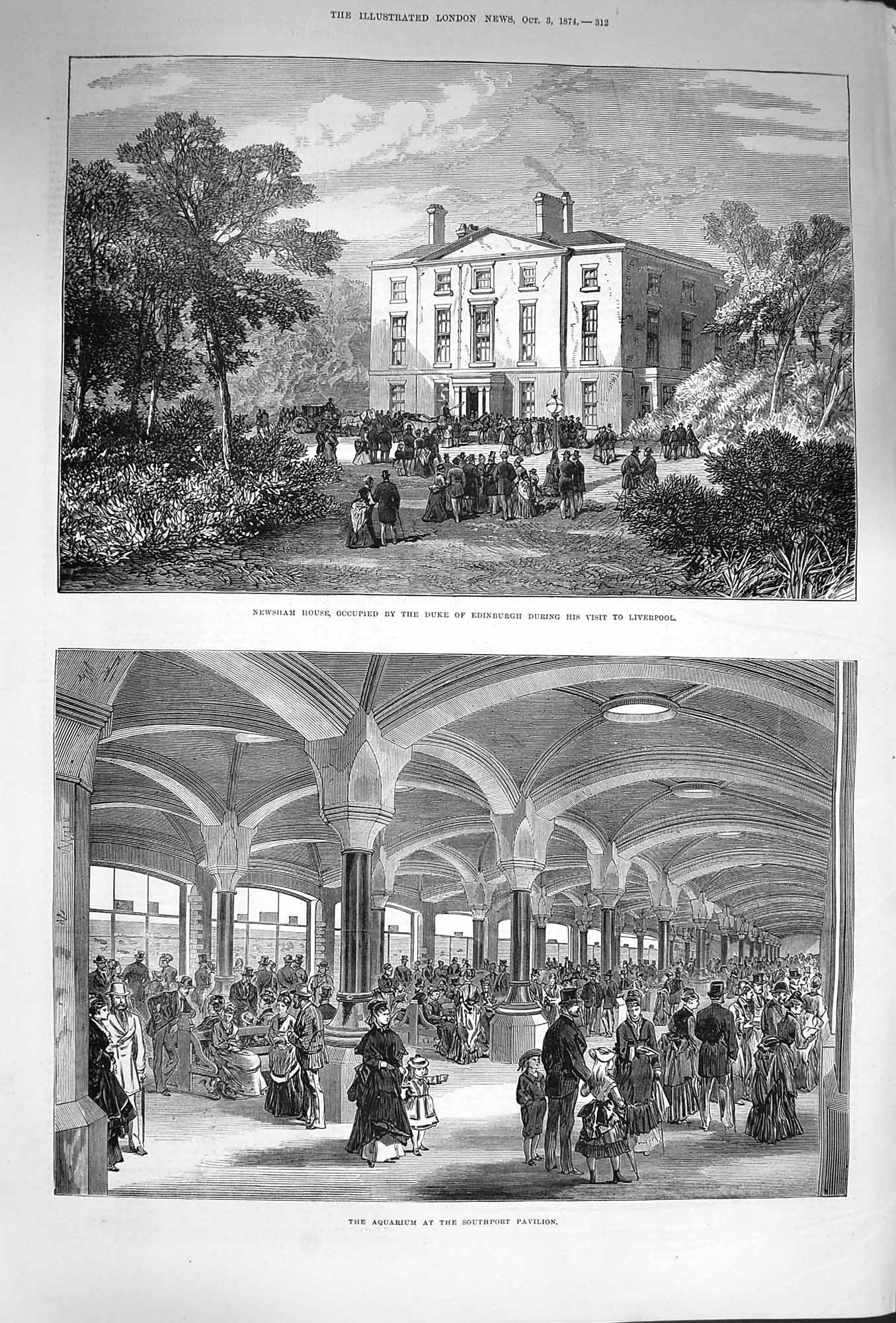 Original Old Antique Print 1874 Newsham House Duke Edinurgh Aquarium Southport
