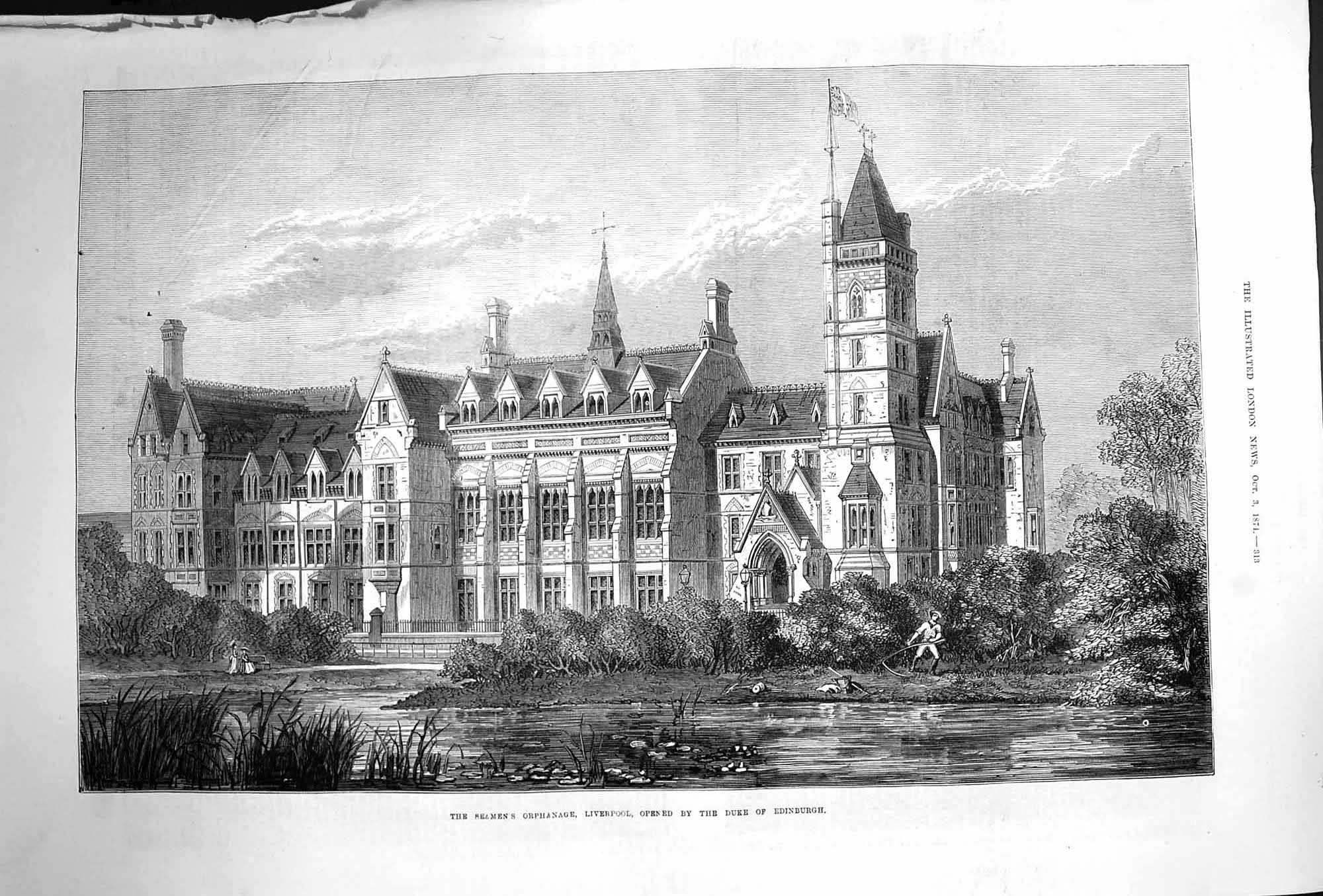 Original Old Antique Print 1874 Seaman'S Orphanage Liverpool Duke Edinburgh