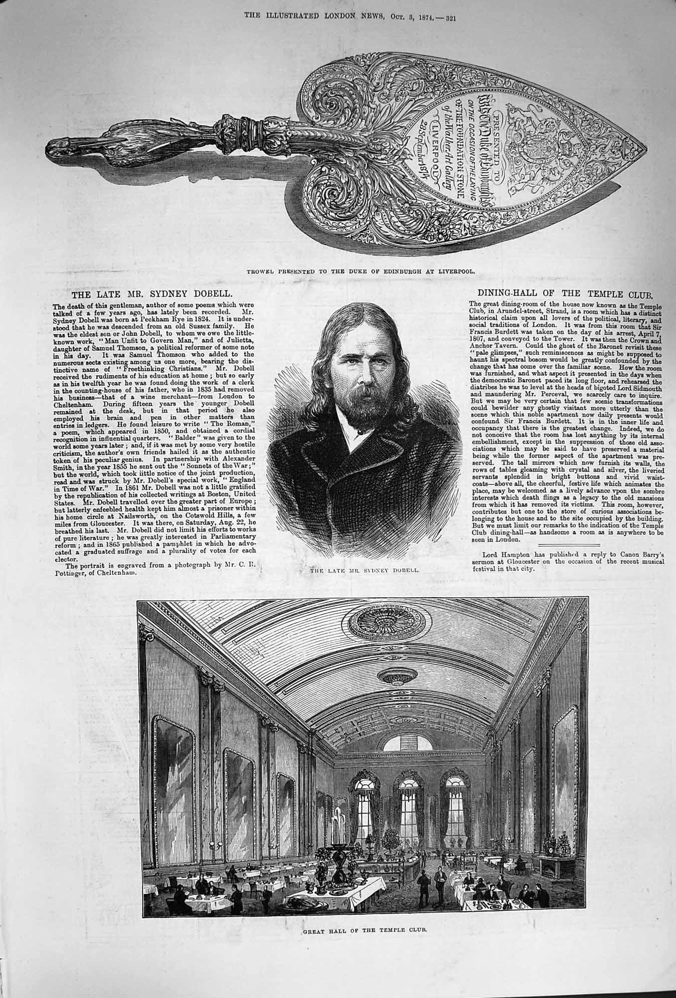 Original Old Antique Print 1874 Great Hall Temple Club Trowel Edinburgh Dobell