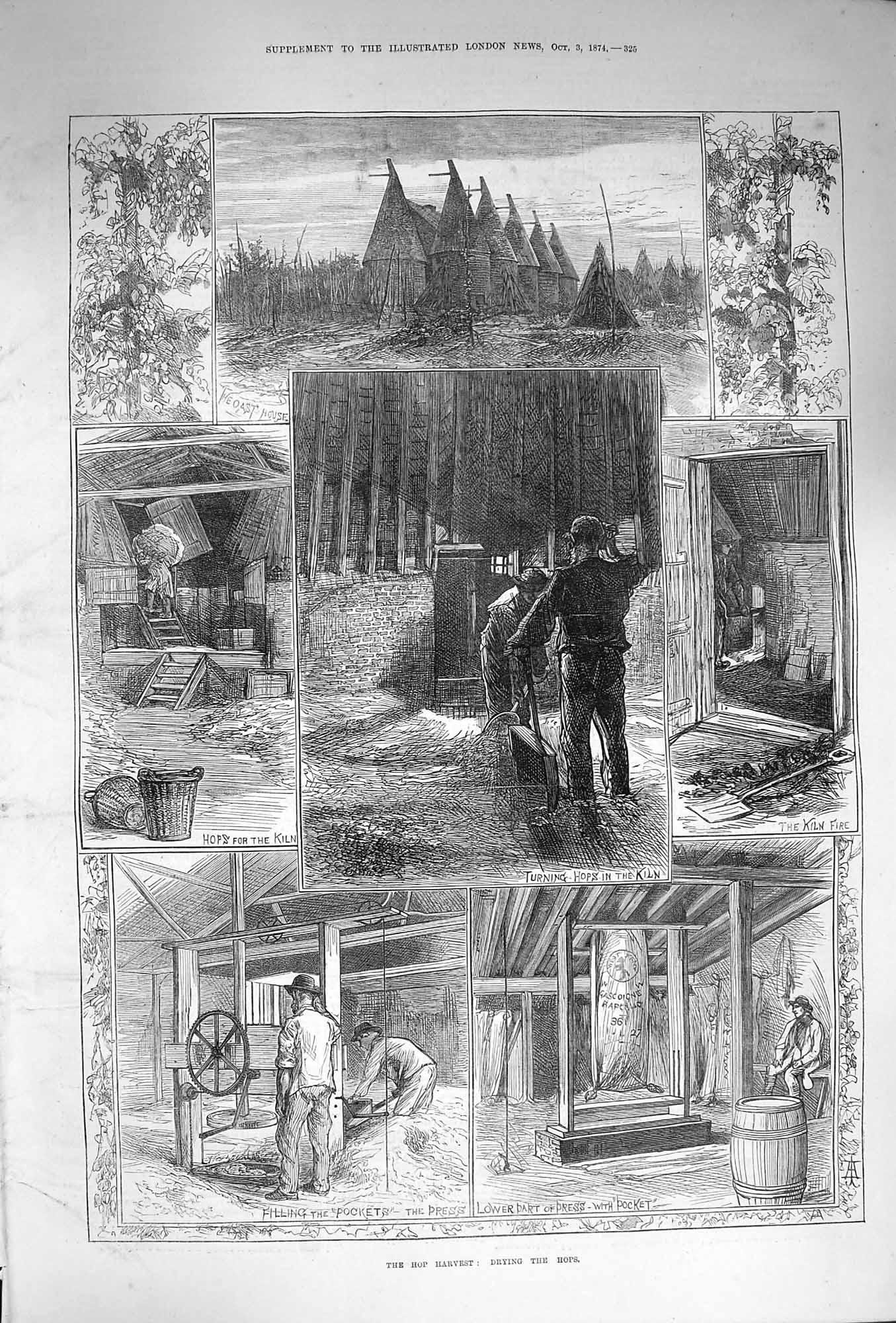 Original Old Antique Print 1874 Hop Harvest Drying Shed Kiln Fire Oast Hous 19th