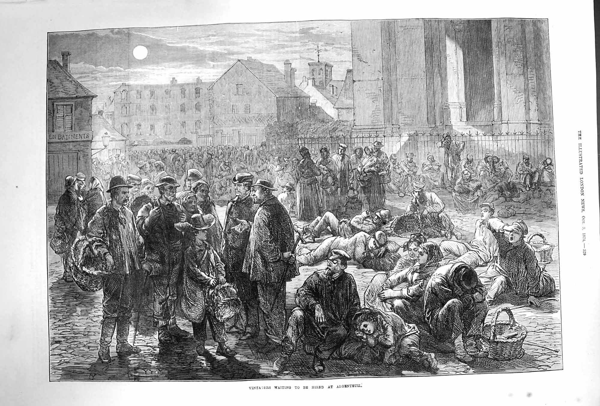 Original Old Antique Print 1874 Rs Waiting Hired Argenteuil Moonlight Scene