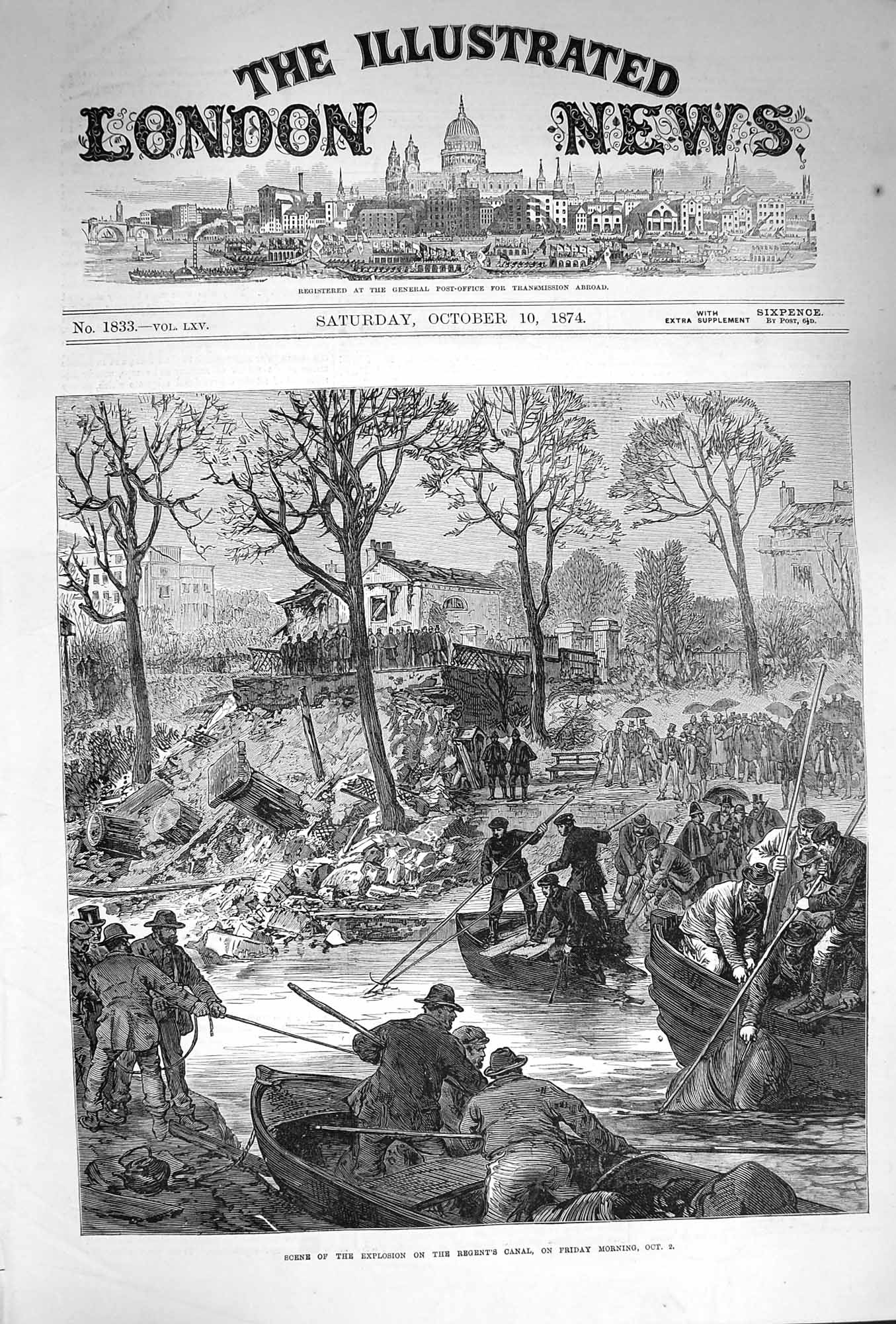 Original Old Antique Print 1874 Explosion Regent'S Cana 19th Century