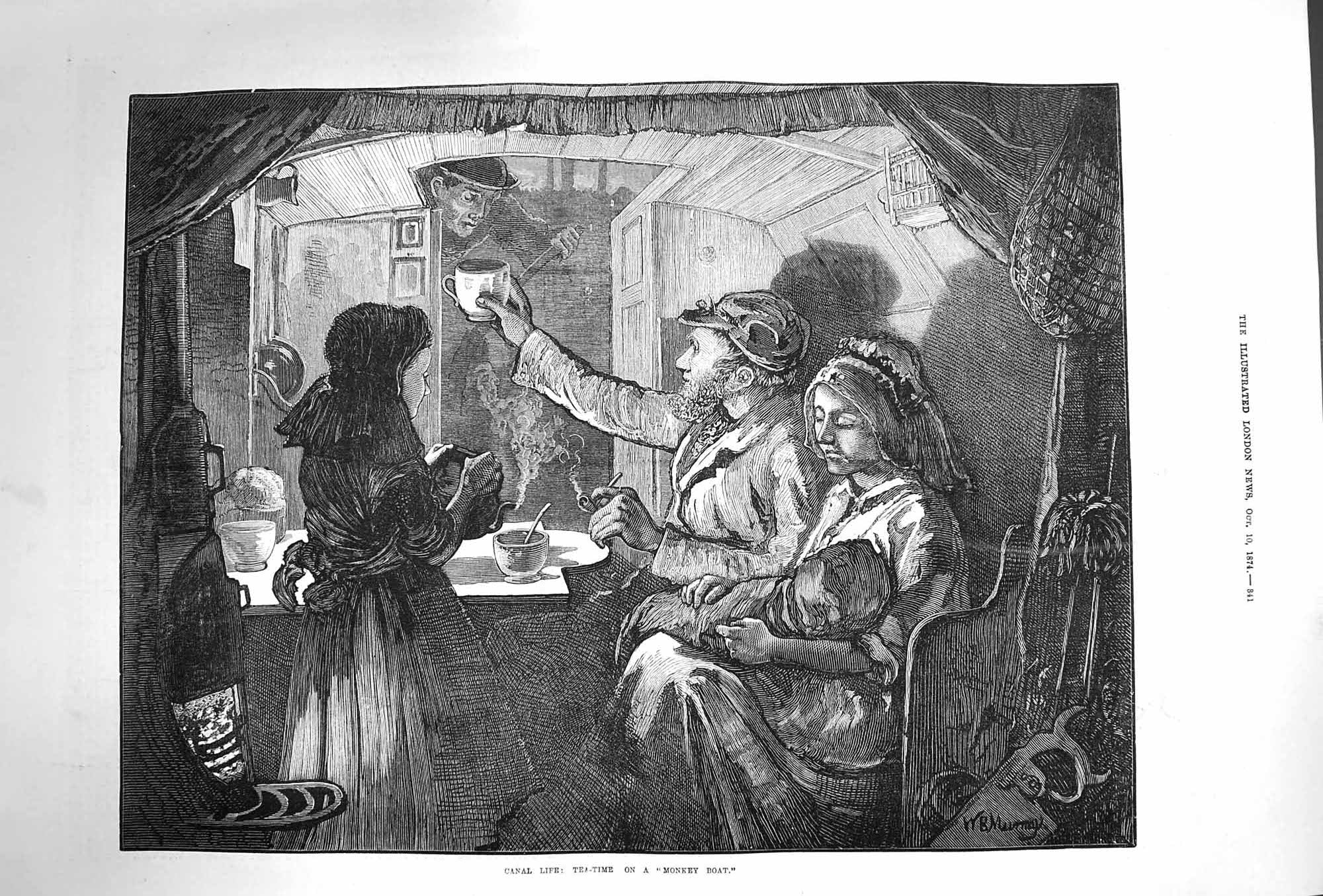Original Old Antique Print 1874 Life Canal Tea Time Monkey Boat Family Scene