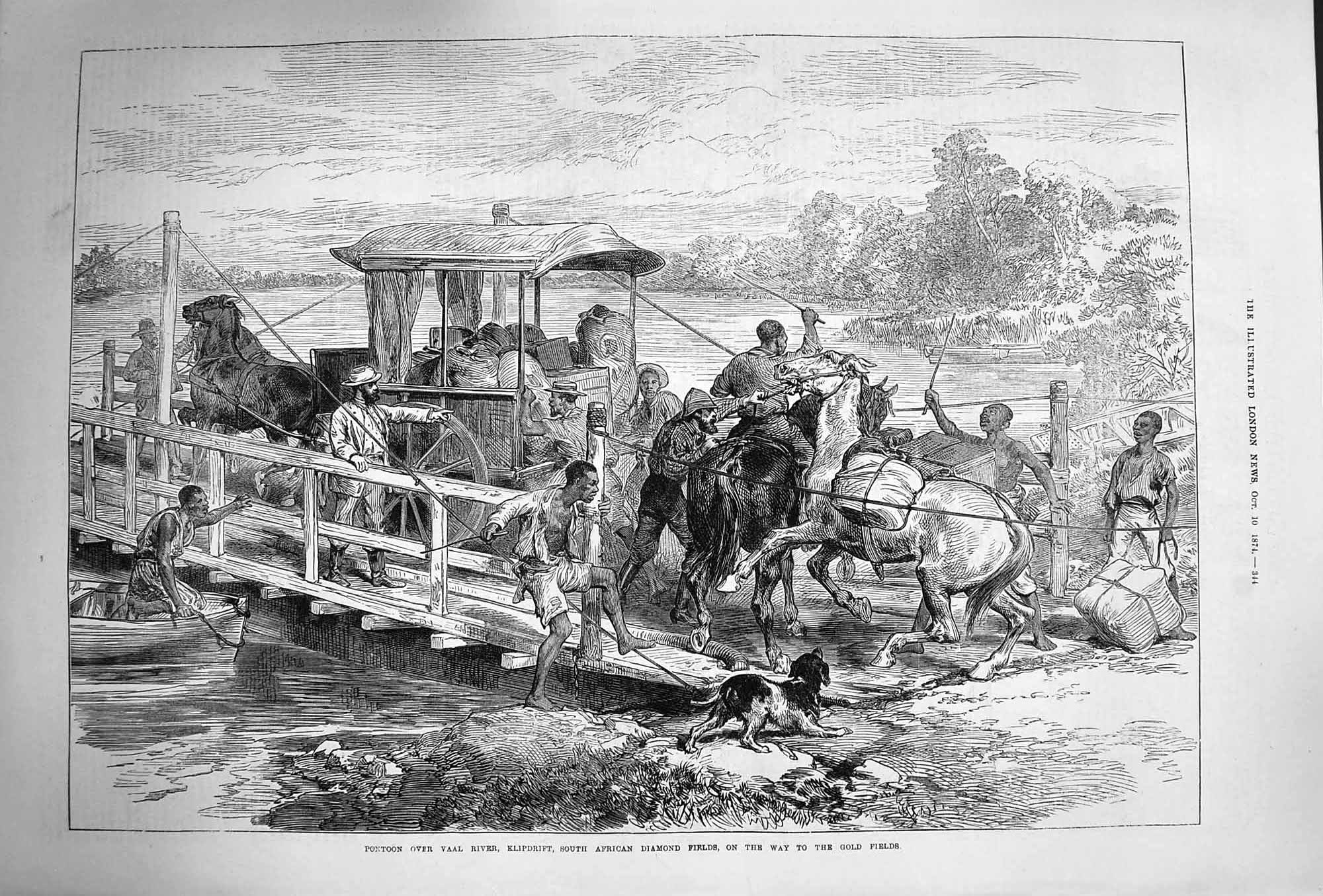 Original Old Antique Print 1874 Pontoon Vaal River Klipdrift African Di 19th