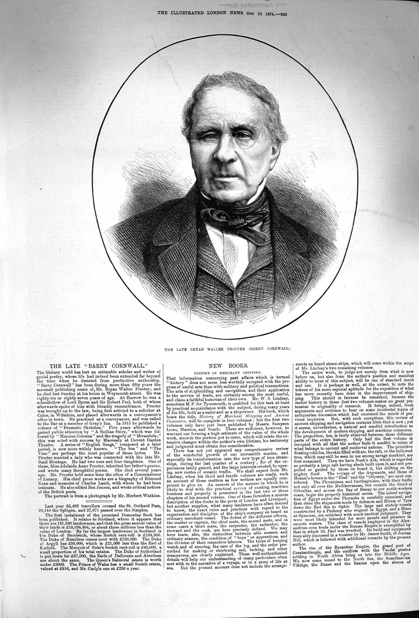 Original Old Antique Print 1874 Portrait Bryan Waller Proctor Barry Cornwall