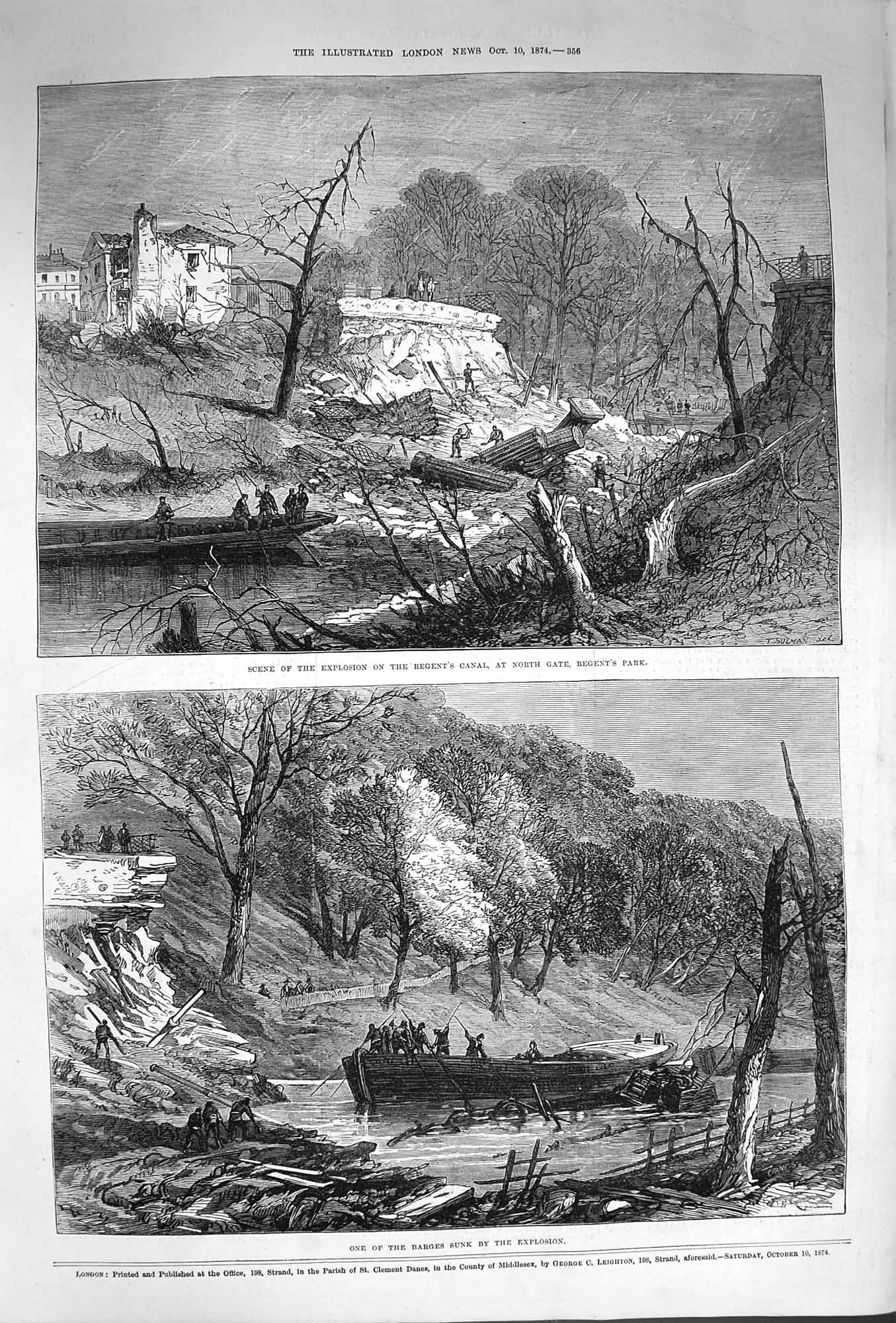 Old Antique Print 1874 Explosion Regent'S Canal Barge Wreck River London 19th