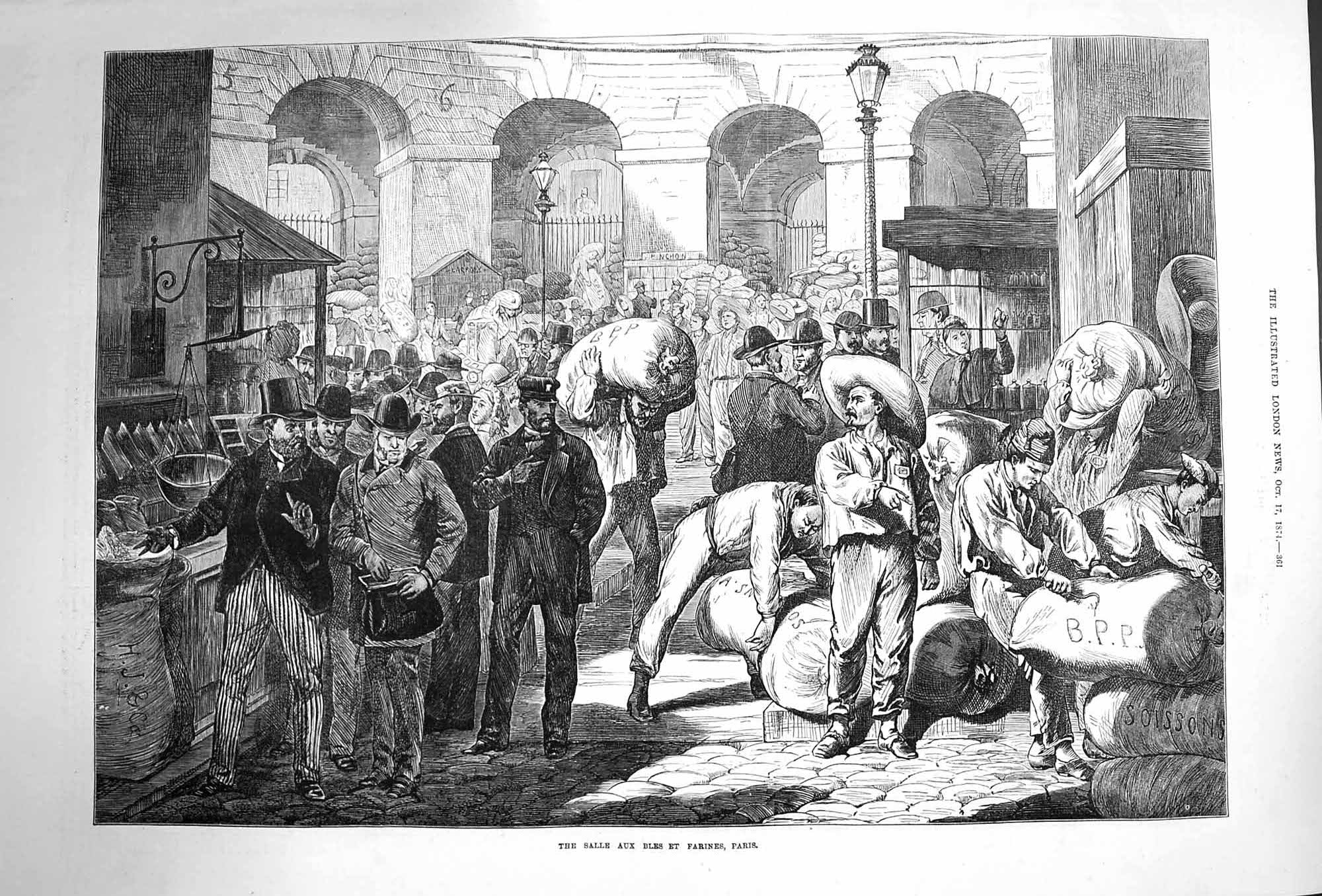 Old Antique Print 1874 Salle Aux Bles Farines Paris Street Market France 19th