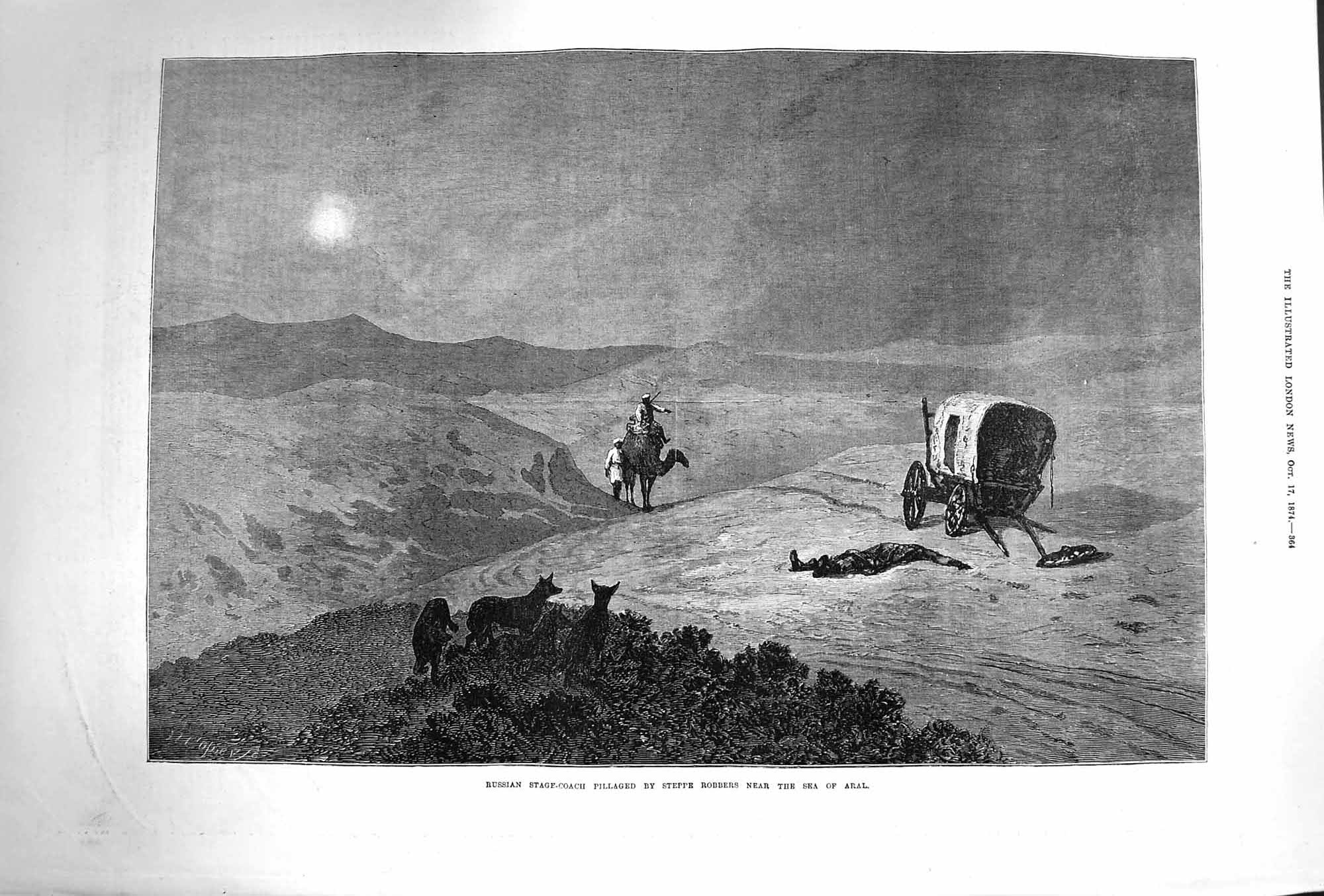 Old Antique Print 1874 Russian Stage Coach Pillaged Robbers Desert Aral 19th