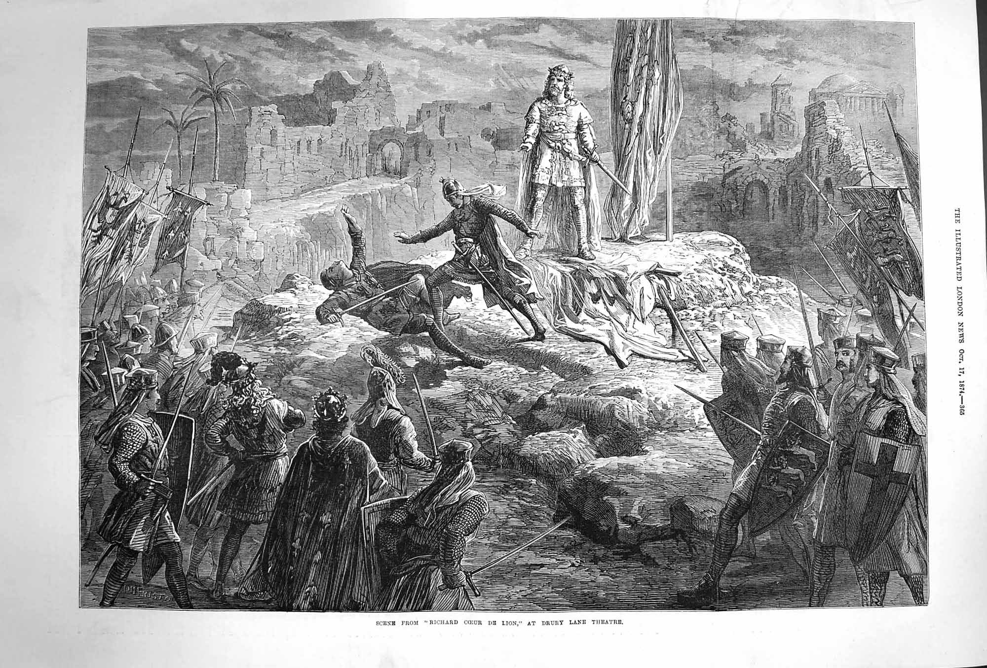 Original Old Antique Print 1874 Scene Richard Coeur De Lion Drury Lane 19th