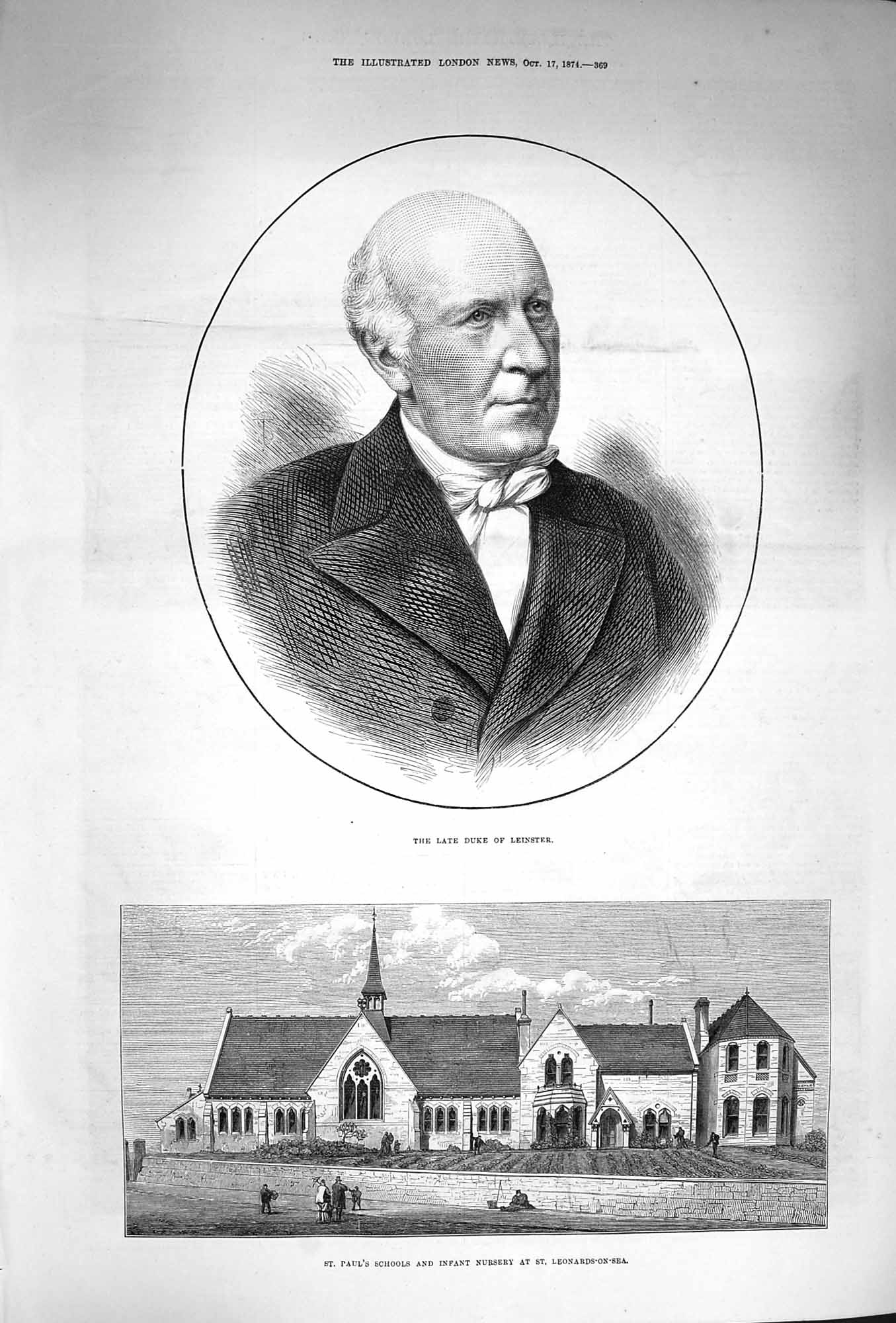 Original Old Antique Print 1874 Duke Leinster Paul'S School Leonards-On-Sea
