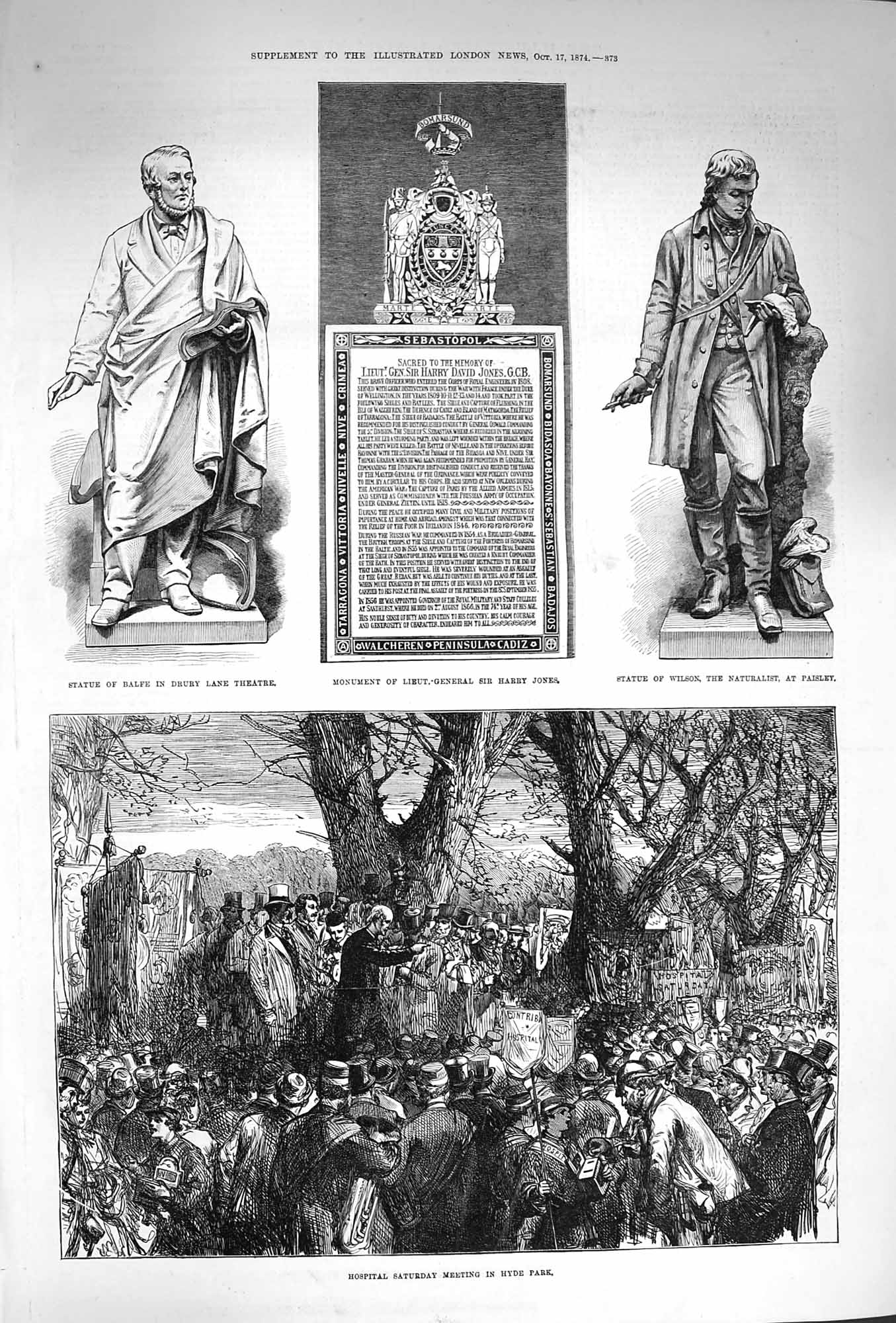 Old Antique Print 1874 Hospital Saturday Hyde Monument Jones Wilson Balfe 19th