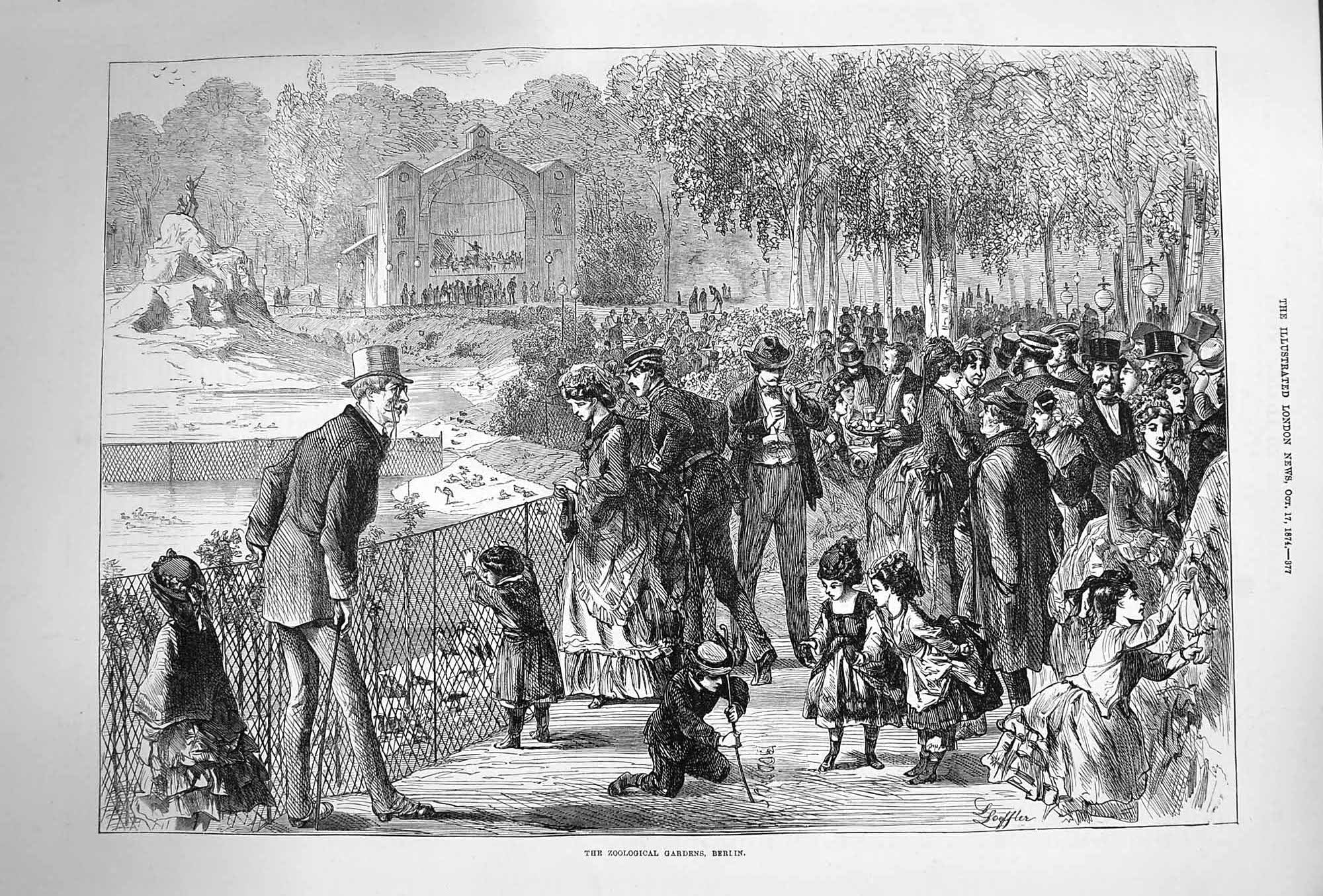 Old Antique Print 1874 Zoological Gardens Berlin Germany Families Day Out 19th