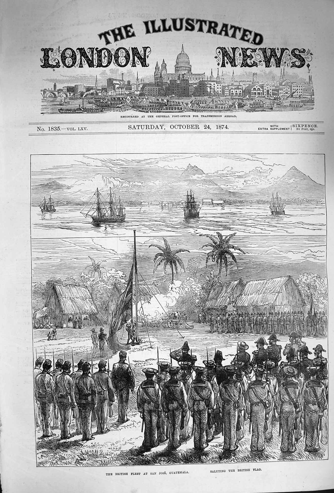 Old Antique Print 1874 British Ships San Jose Guatemala Saluting Flag War 19th
