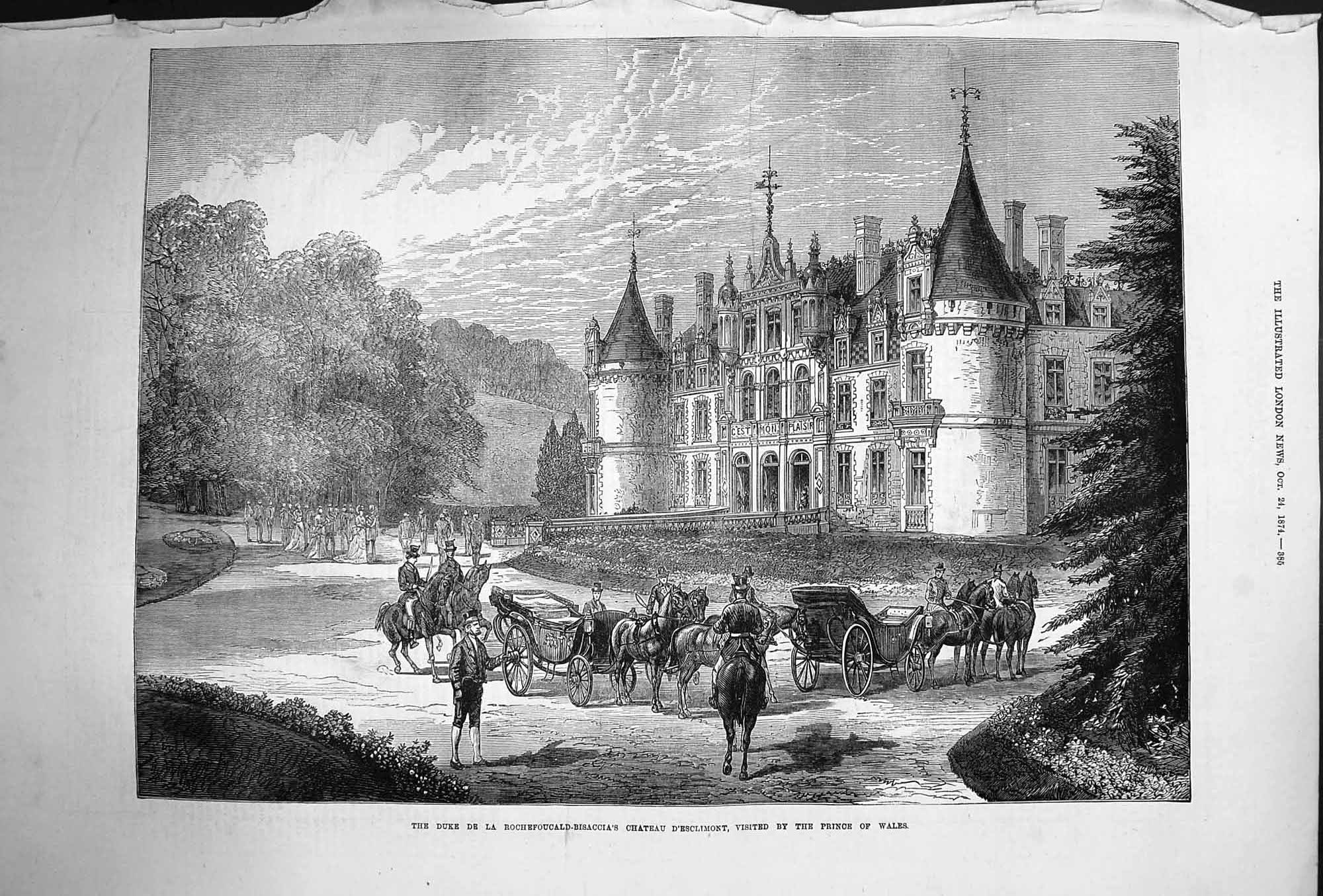 Original Old Antique Print 1874 Duke La Rochefoucald-Bisaccia Chateau D'Es 19th
