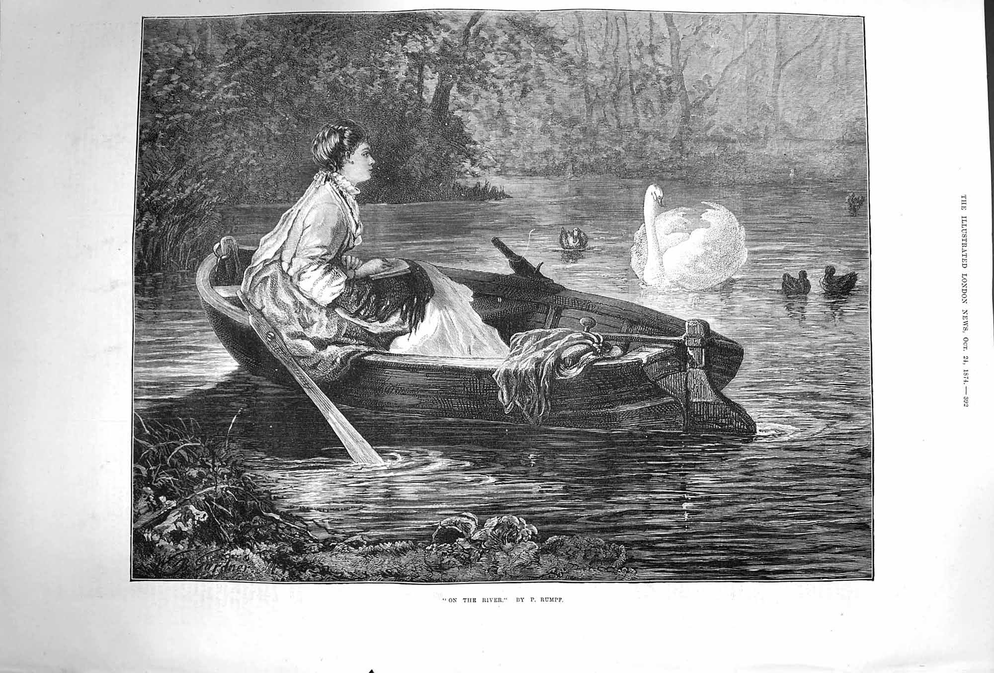 Old Antique Print 1874 Scene On The River Lady Boat Swans Rumpf Fine Art 19th