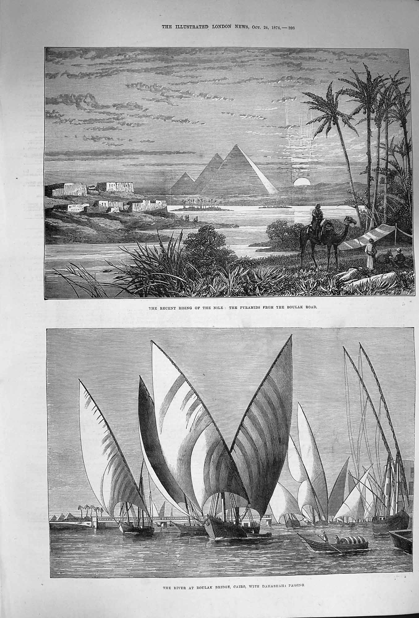 Original Old Antique Print 1874 Pyramids Boulak Road River Bridge Cairo D 19th