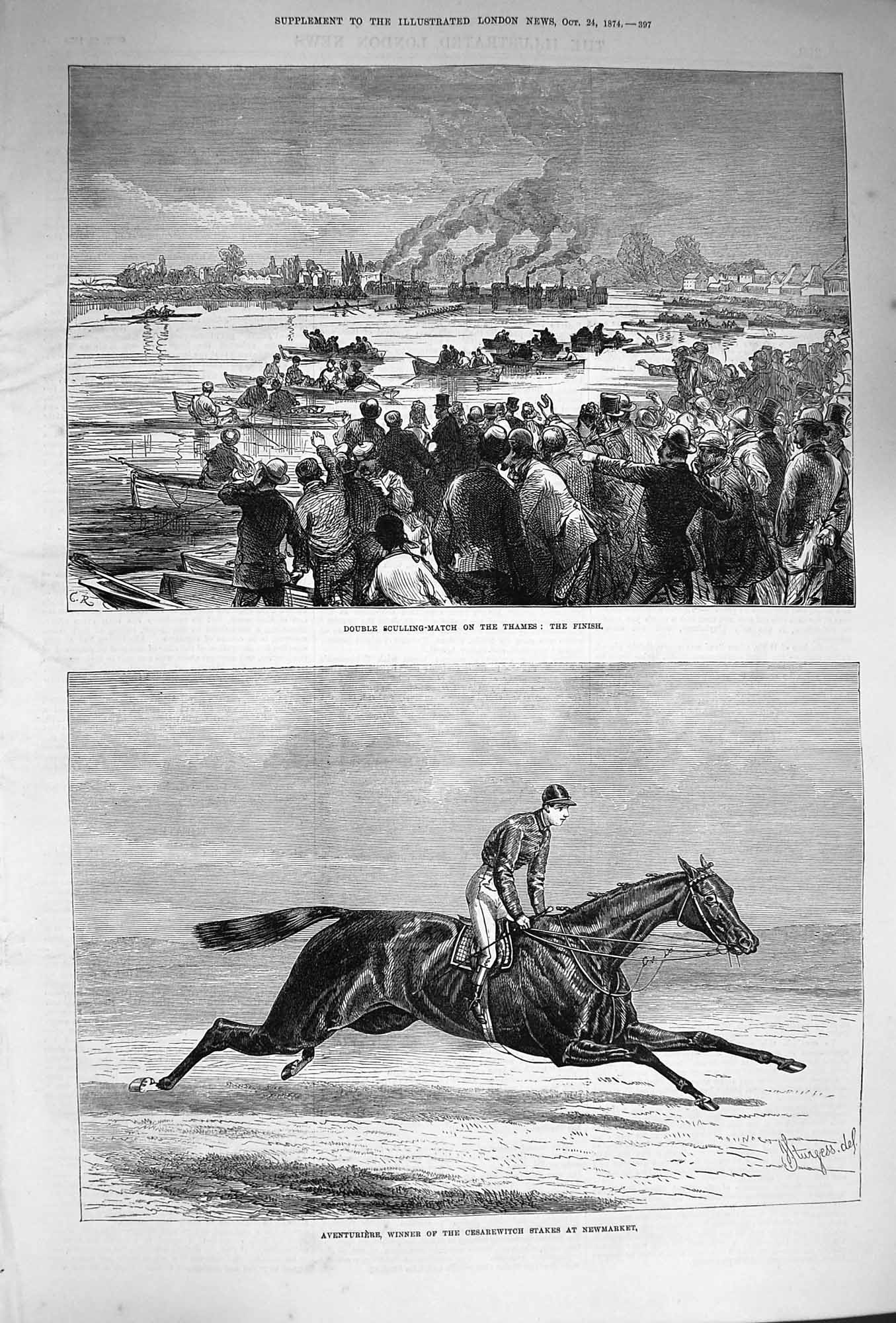 Original Old Antique Print 1874 Aventuriere Horse Cesarewitch Newmarket Thames