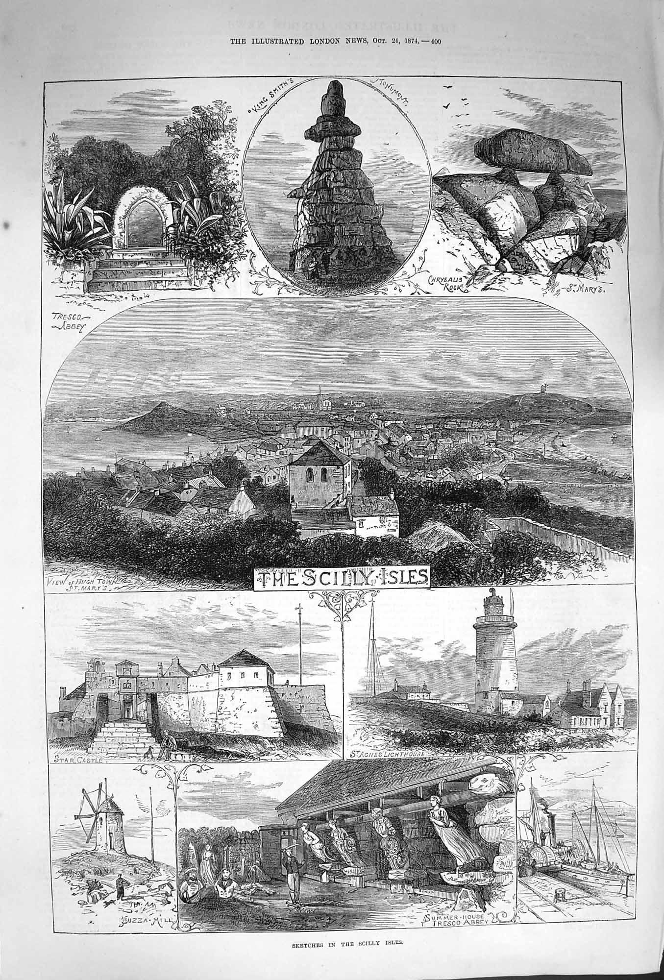 Original Old Antique Print 1874 Scilly Isles Tresco Abbey Agnes Lighthou 19th
