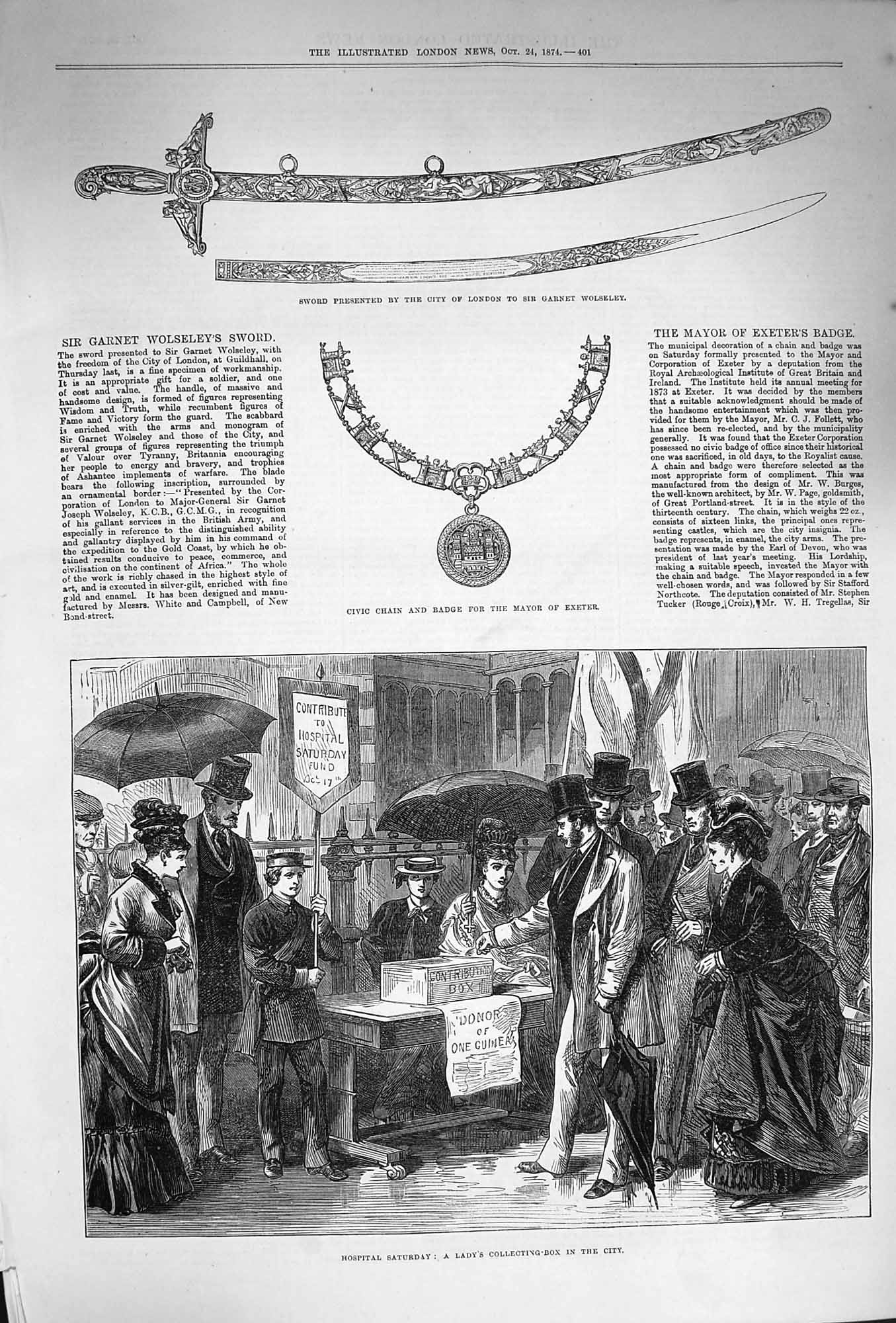 Original Old Antique Print 1874 Civic Badge Chain Mayor London Hospital Charity