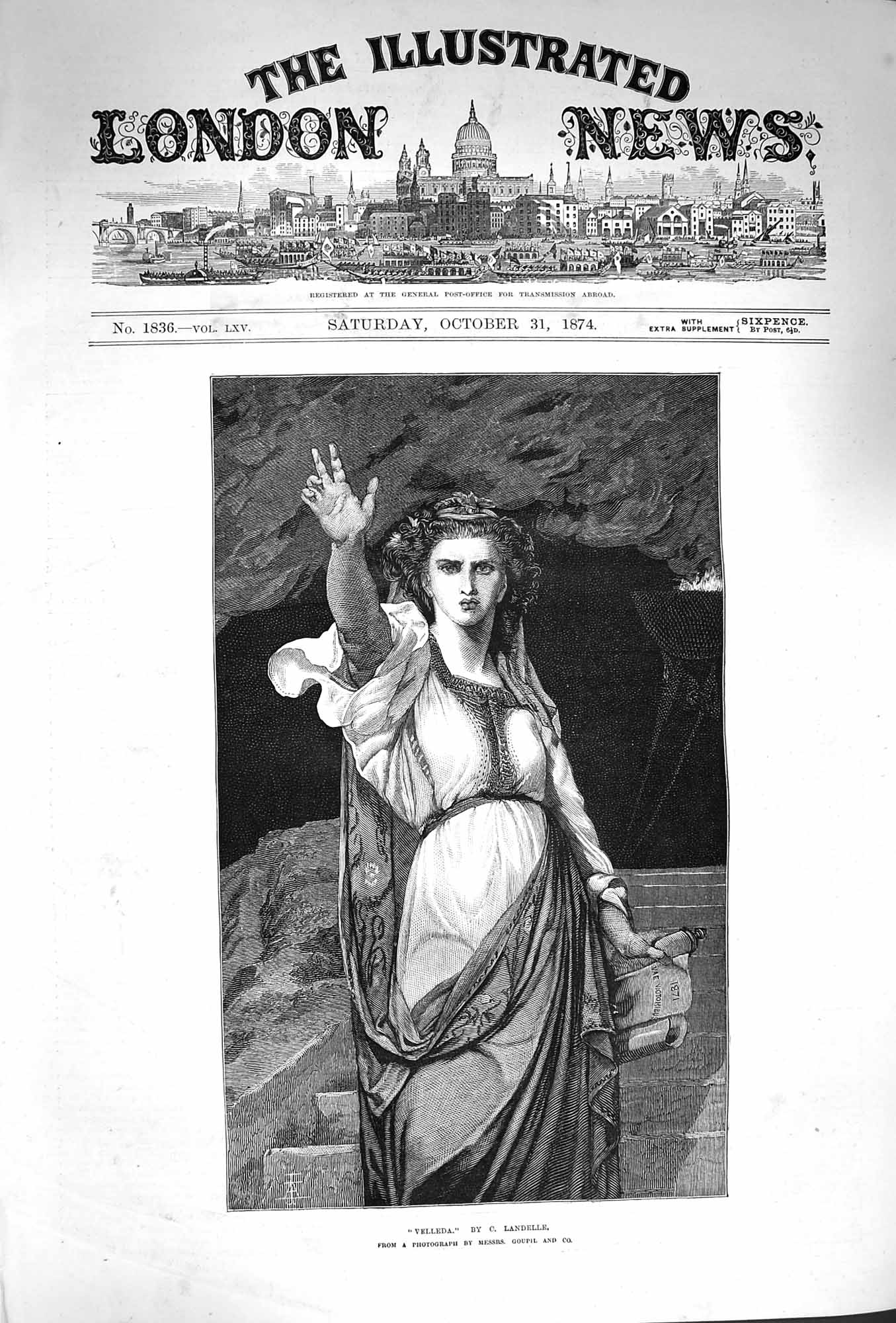 Original Old Antique Print 1874 Portrait Velleda Beautiful Girl Landelle 19th