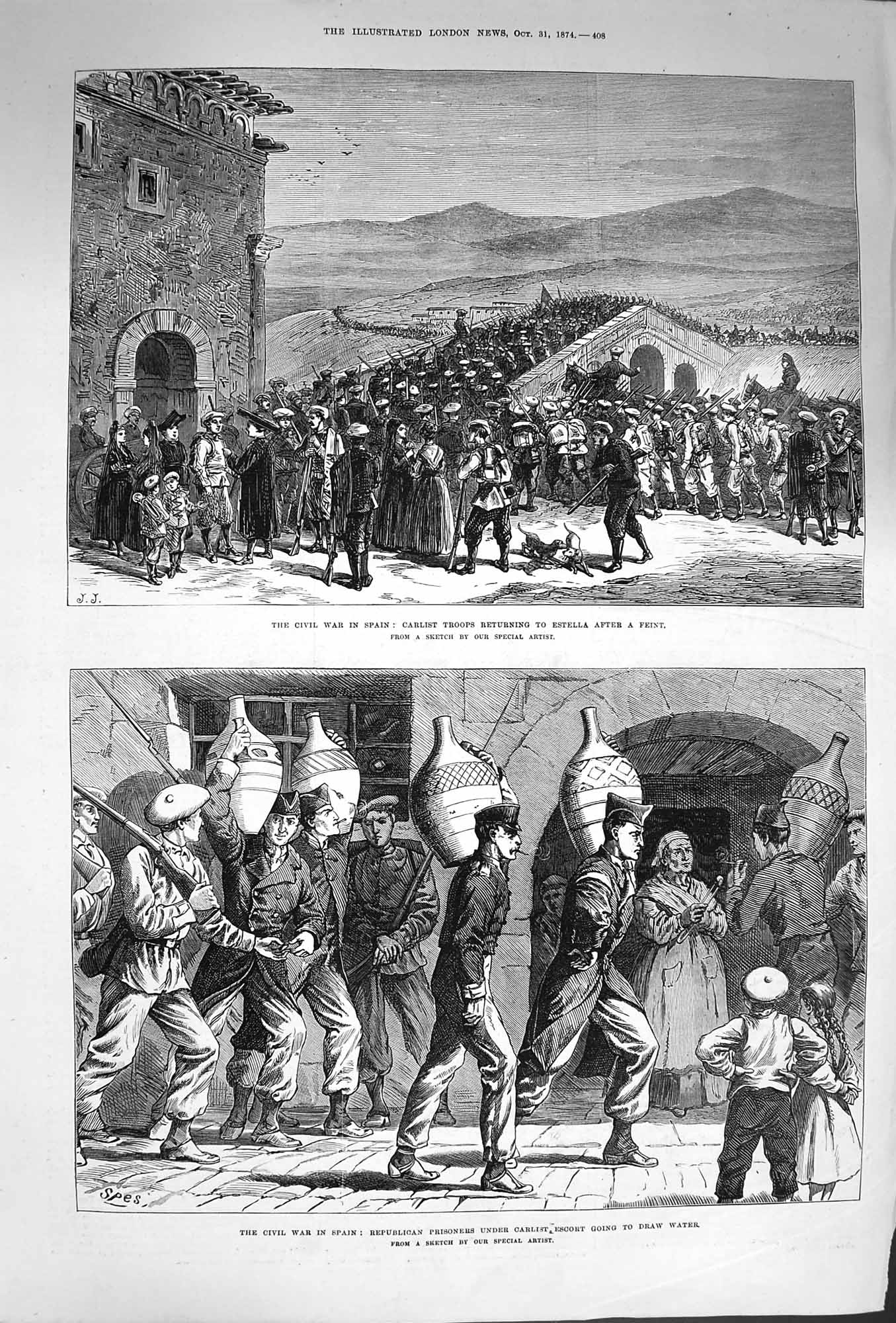 Original Old Antique Print 1874 Civil War Spain Carlist Troops Estella Rep 19th