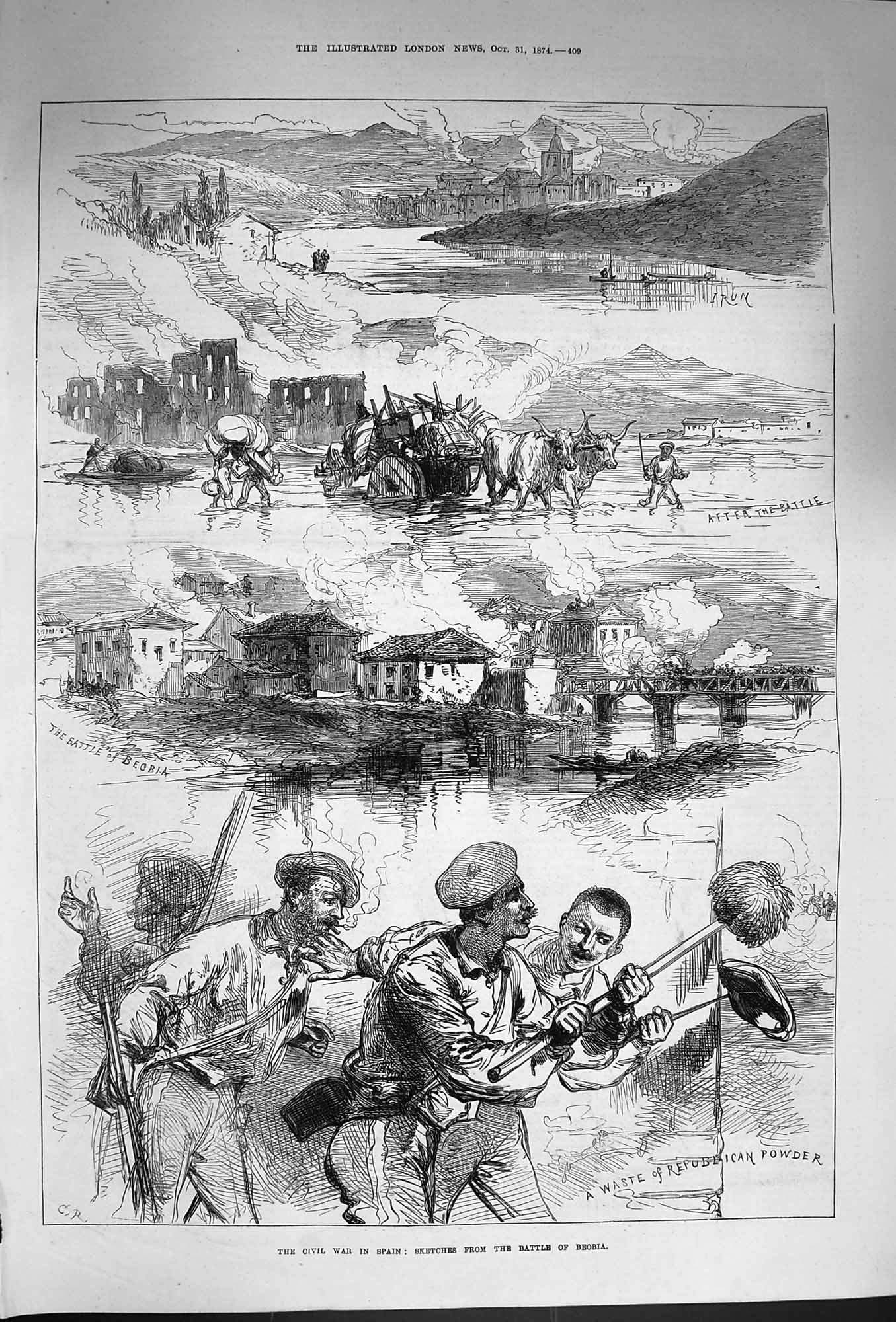 Original Old Antique Print 1874 Civil War Spain Battle Beobia Siers Republican
