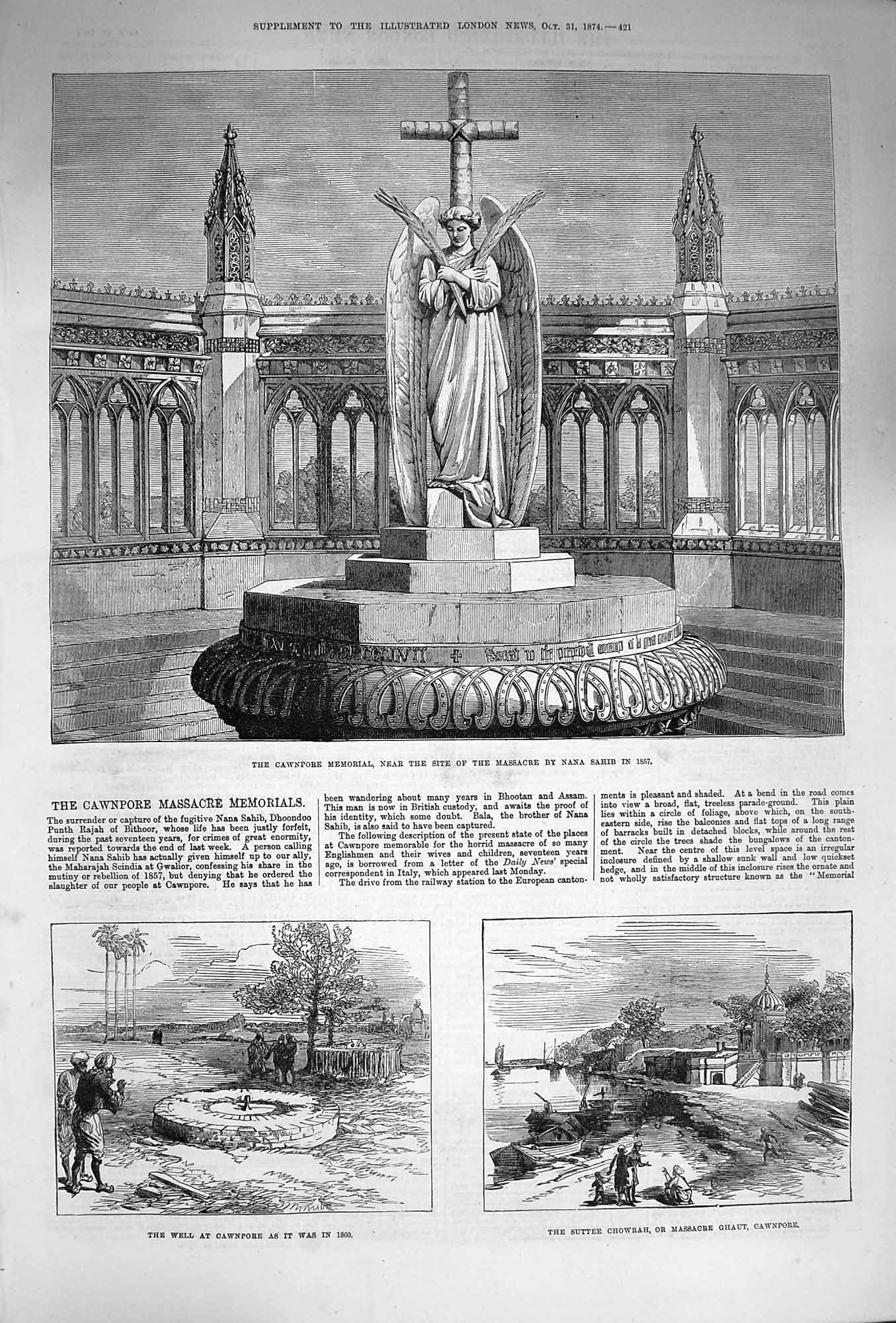 Original Old Antique Print 1874 Cawnpore Memorial Massacre Nan Sahib Chowrah