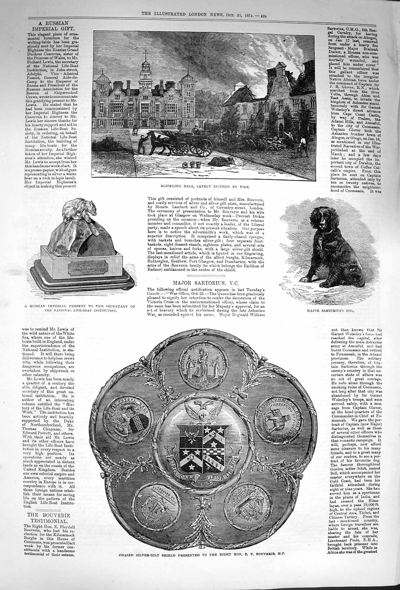 Original Old Antique Print 1874 Silver-Gilt Shield Blickling Hall Sartorius Dog
