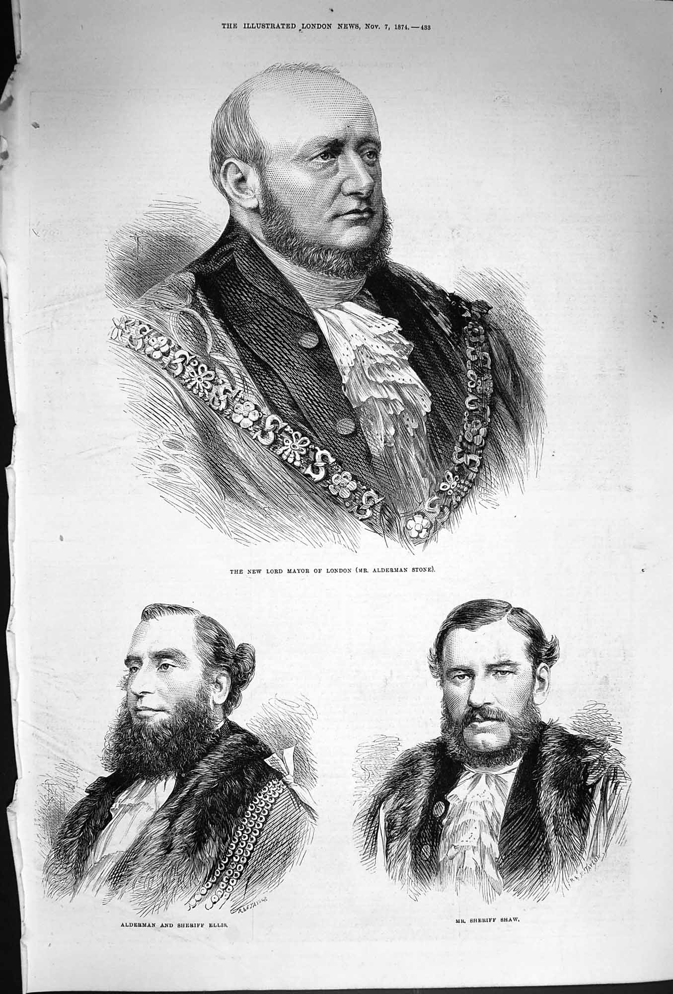 Original Old Antique Print 1874 Alderman Stone Mayor London Ellis Sheriff Shaw