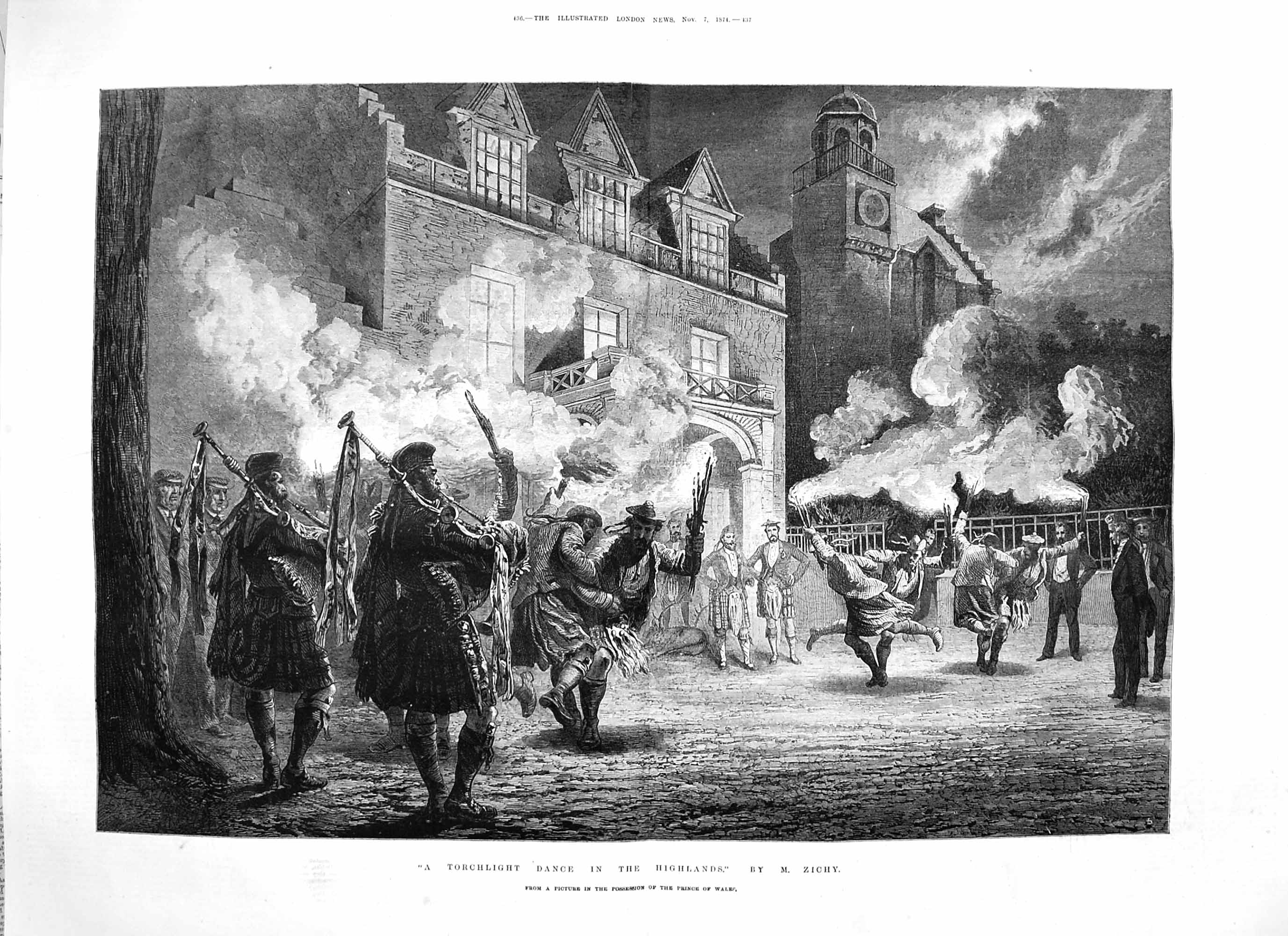 Original Old Antique Print 1874 Torchlight Dance Highlands Scotland Mansio 19th