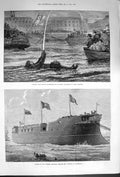 Old Antique Print 1874 Captain Paul Boyton Cork Harbour Ship Mes' Oudiyeh 19th