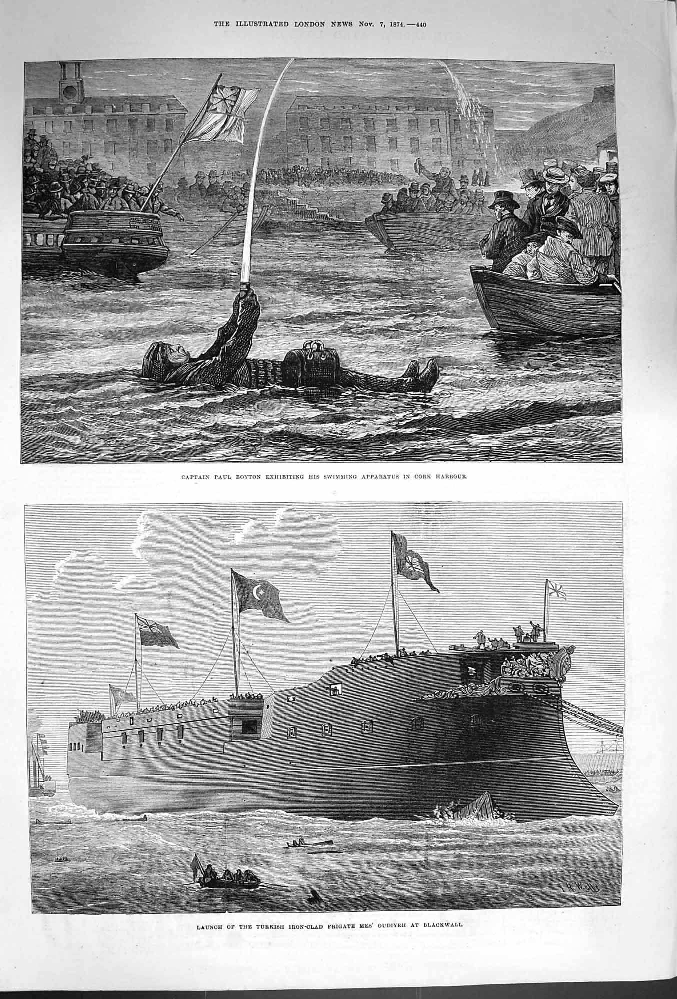 Old Antique Print 1874 Captain Paul Boyton Cork Harbour Ship Mes' Oudiyeh 19th