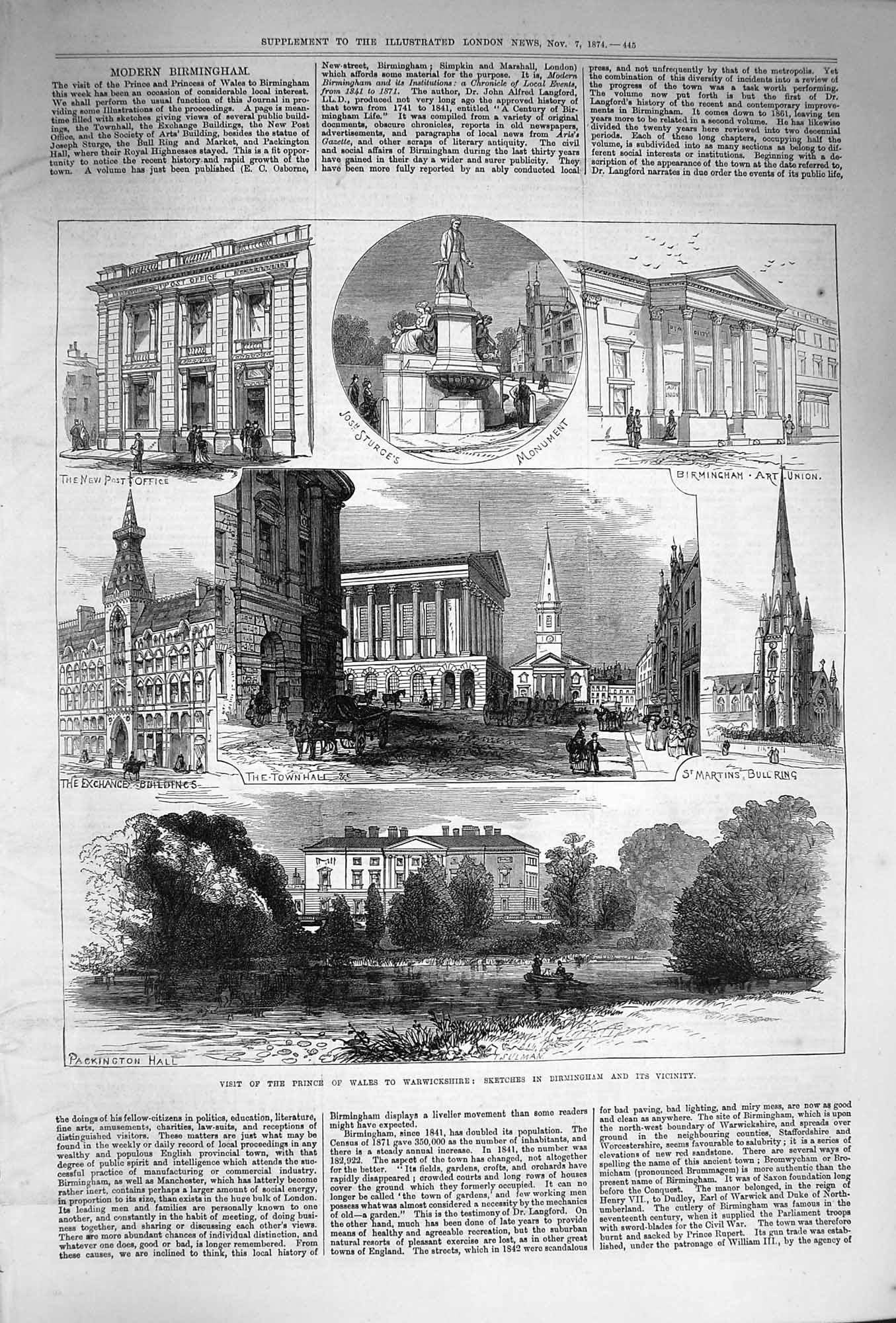 Antique Old Print *3307 1874 Prince Wales Warwickshire Birmingham Packington