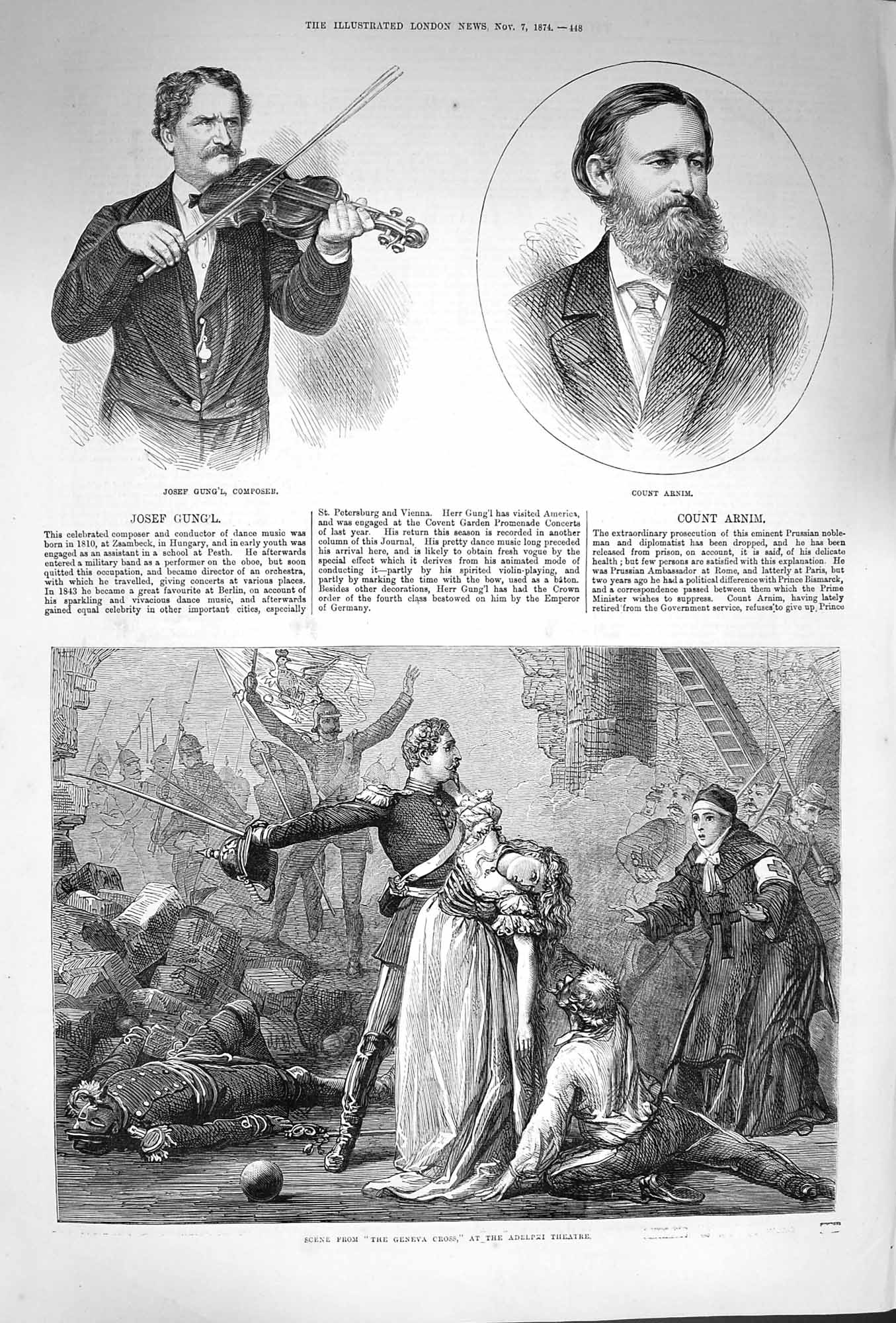 Original Old Antique Print 1874 Josef Gung'L Count Arnim Adelphi Theatre 19th