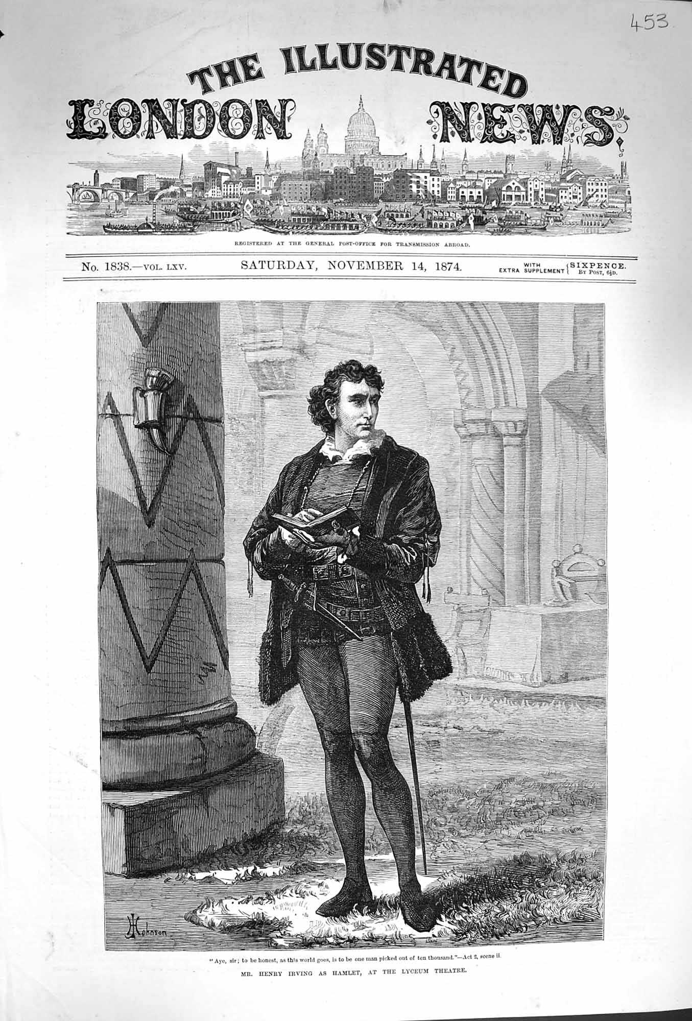 Original Old Antique Print 1874 Mr. Henry Irving Hamlet Lyceum Theatr Victorian