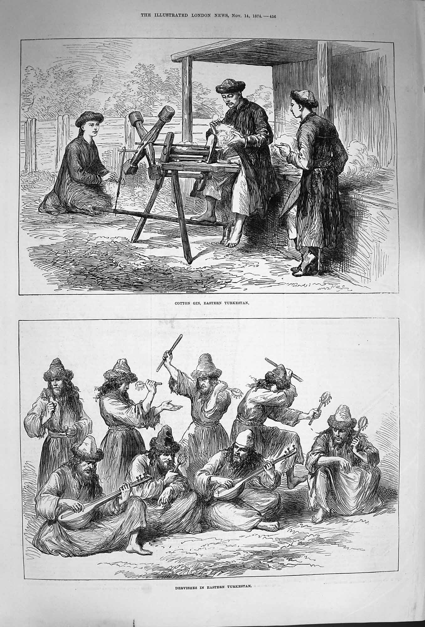 Original Old Antique Print 1874 Cotton Gin Eastern Turkestan Dervishes Men 19th