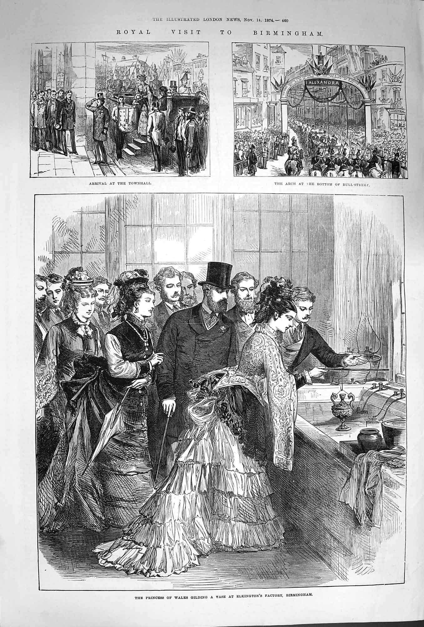 Original Old Antique Print 1874 Princess Wales Birmingham Elkington Bull 19th