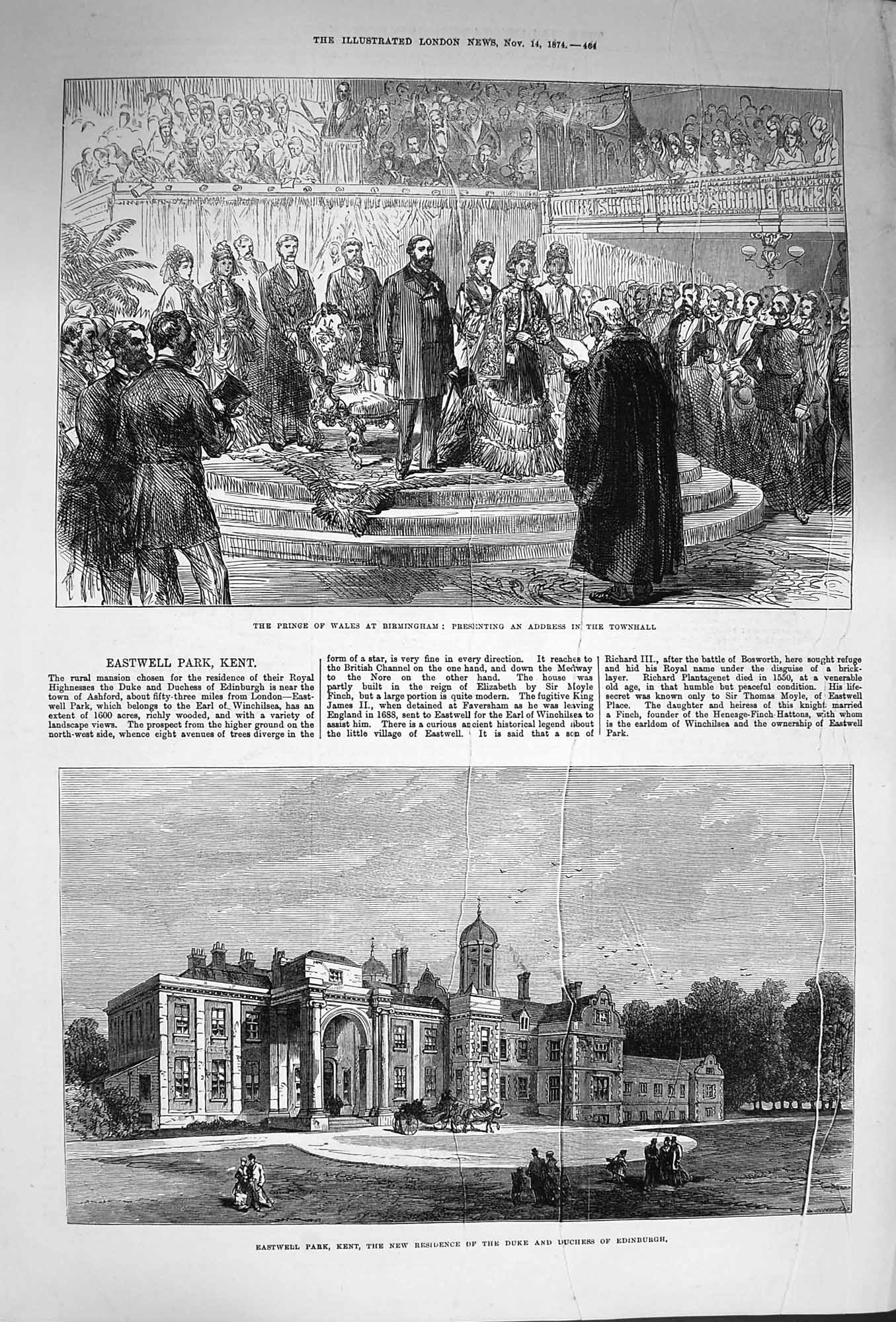 Original Old Antique Print 1874 Prince Wales Birmingham Eastwell Kent Edinburgh