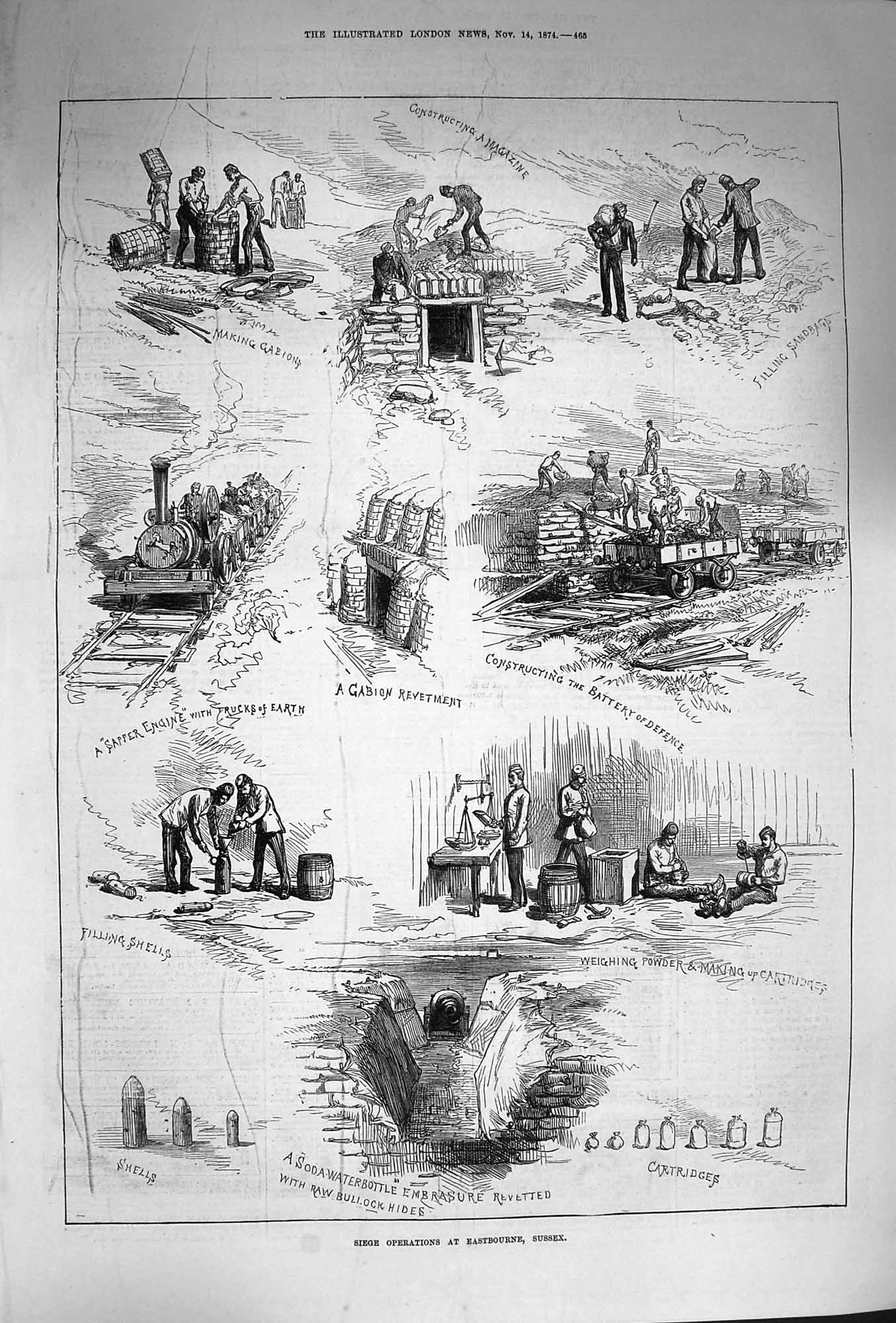 Original Old Antique Print 1874 Siege Operations Eastbourne Sussex Siers War