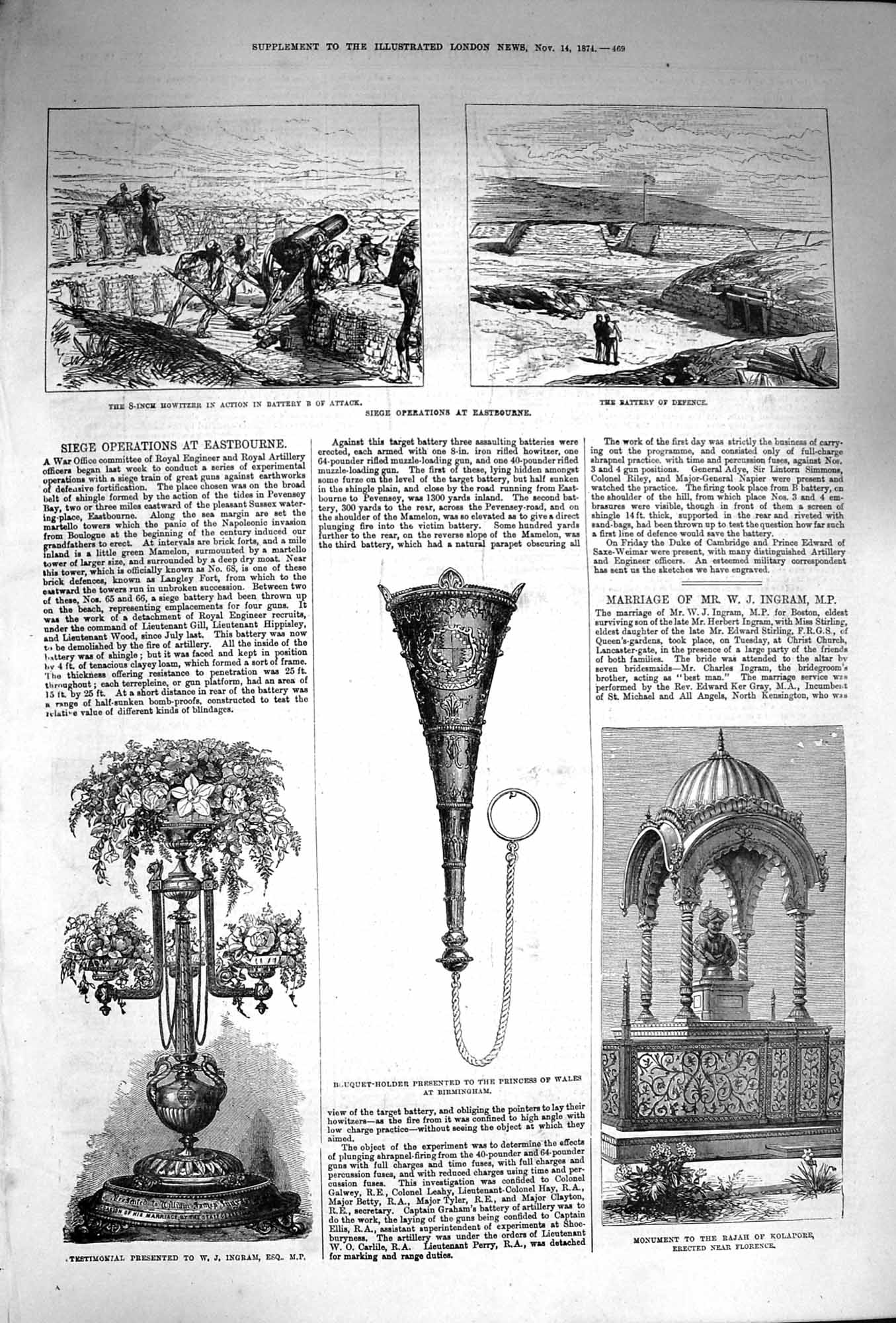 Original Old Antique Print 1874 Monument Rajah Kolapore Ingram Siege Eastbourne